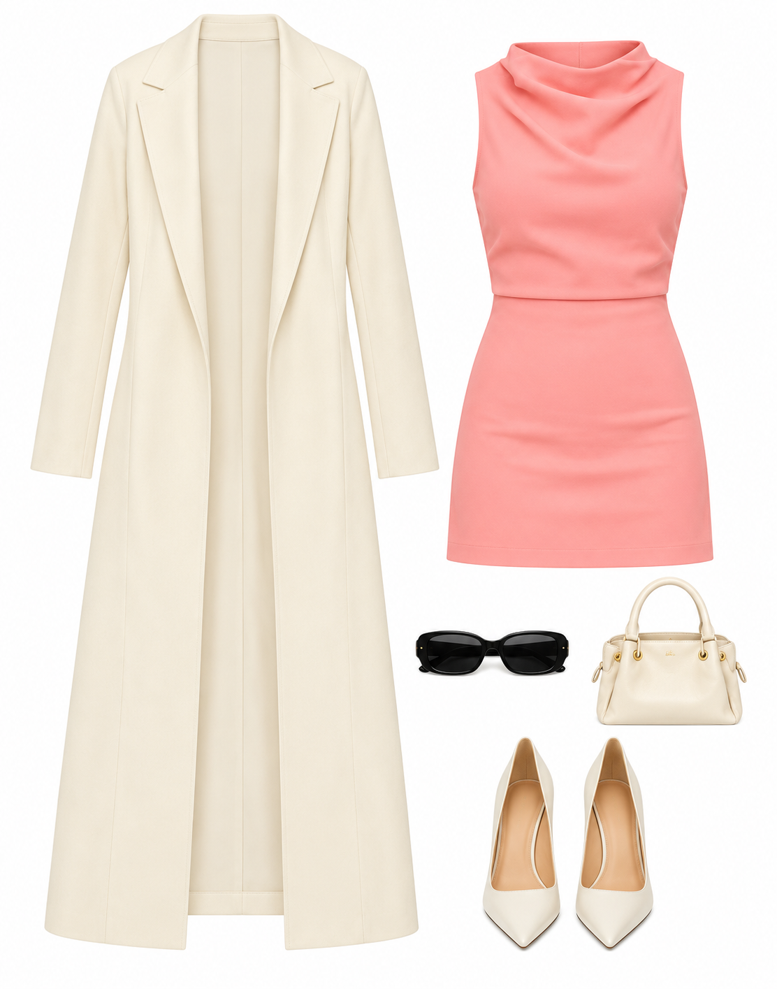 Coral mini dress and long cream coat