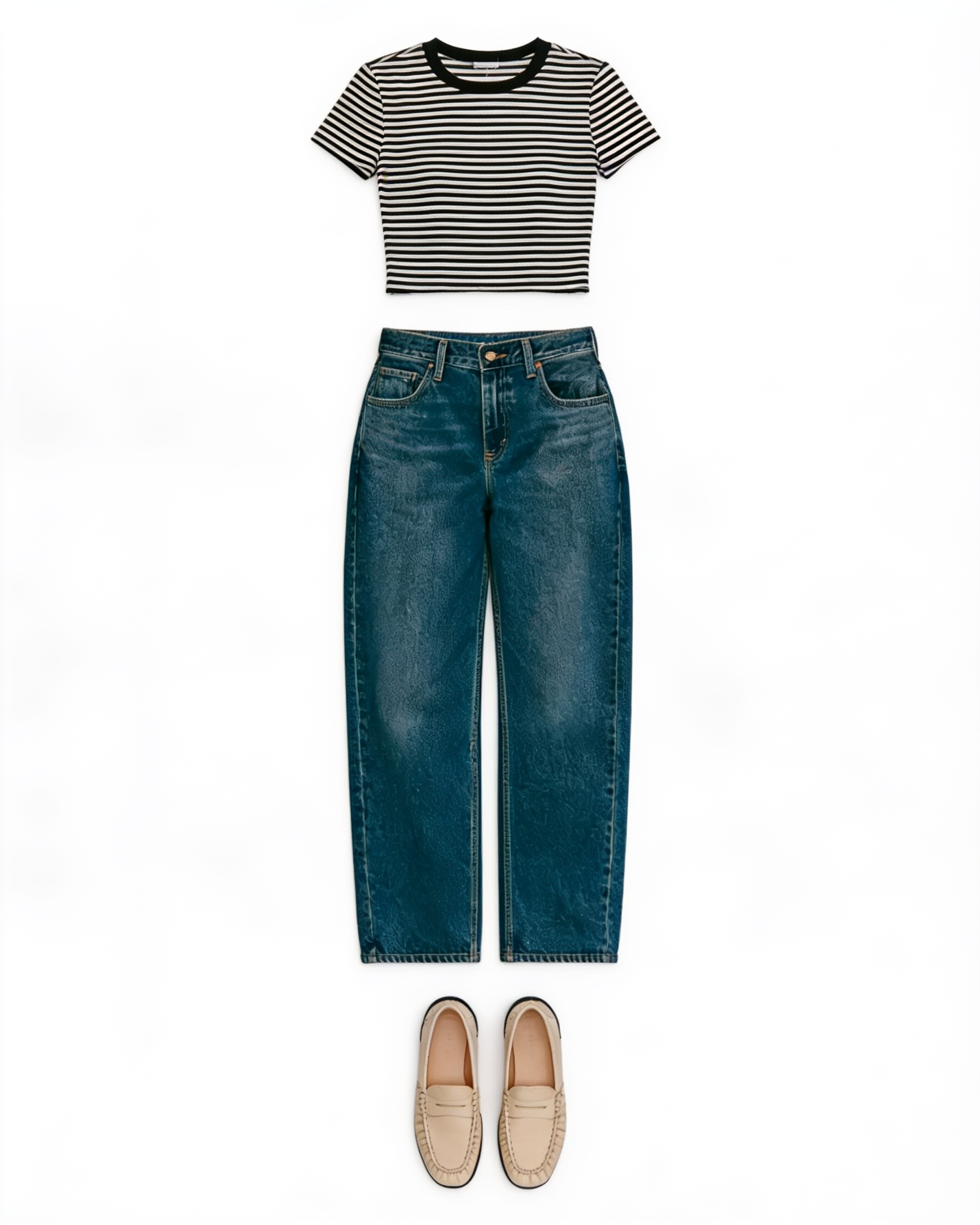 Striped cropped tee and relaxed blue jeans