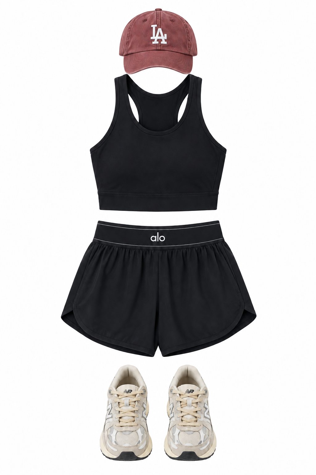 Black sports bra and running shorts
