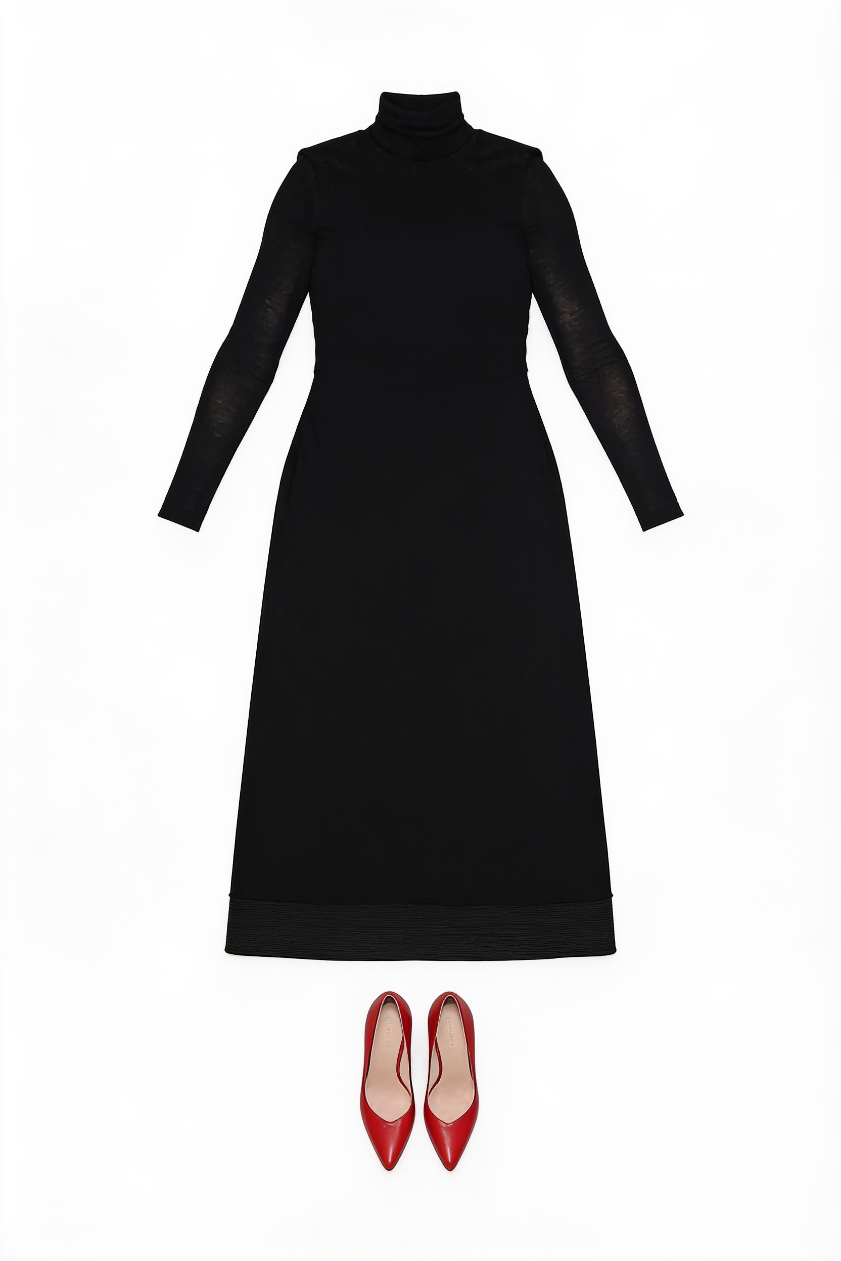 Black long-sleeved maxi dress and red pumps