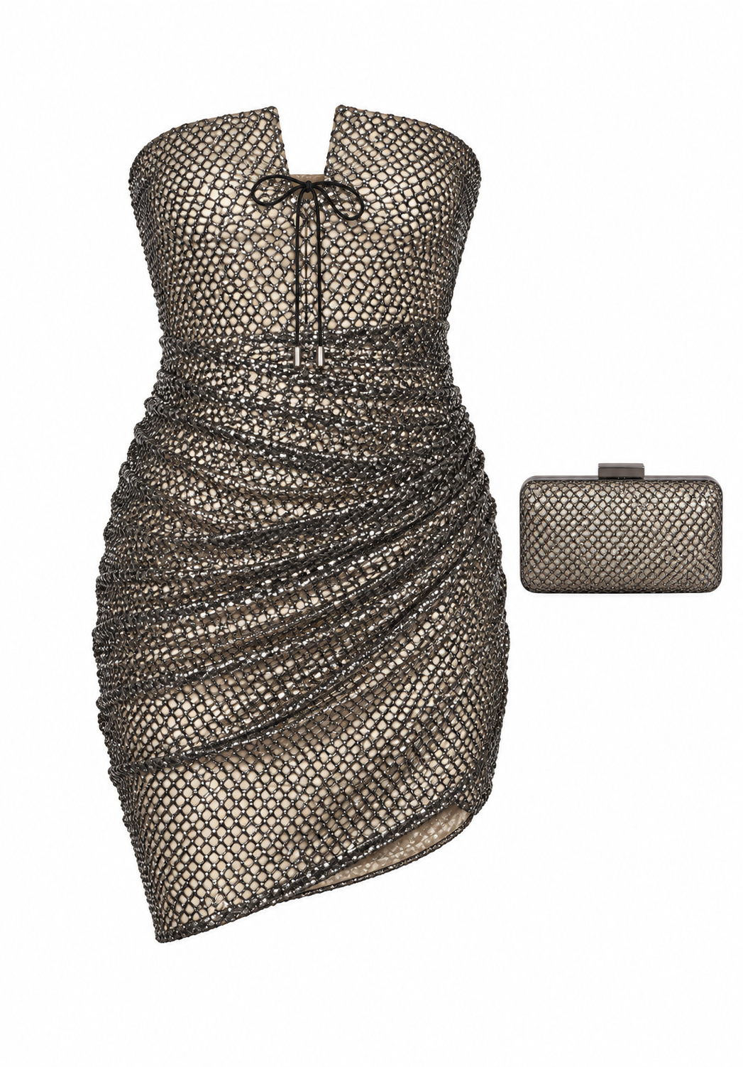 Metallic mesh strapless ruched mini dress