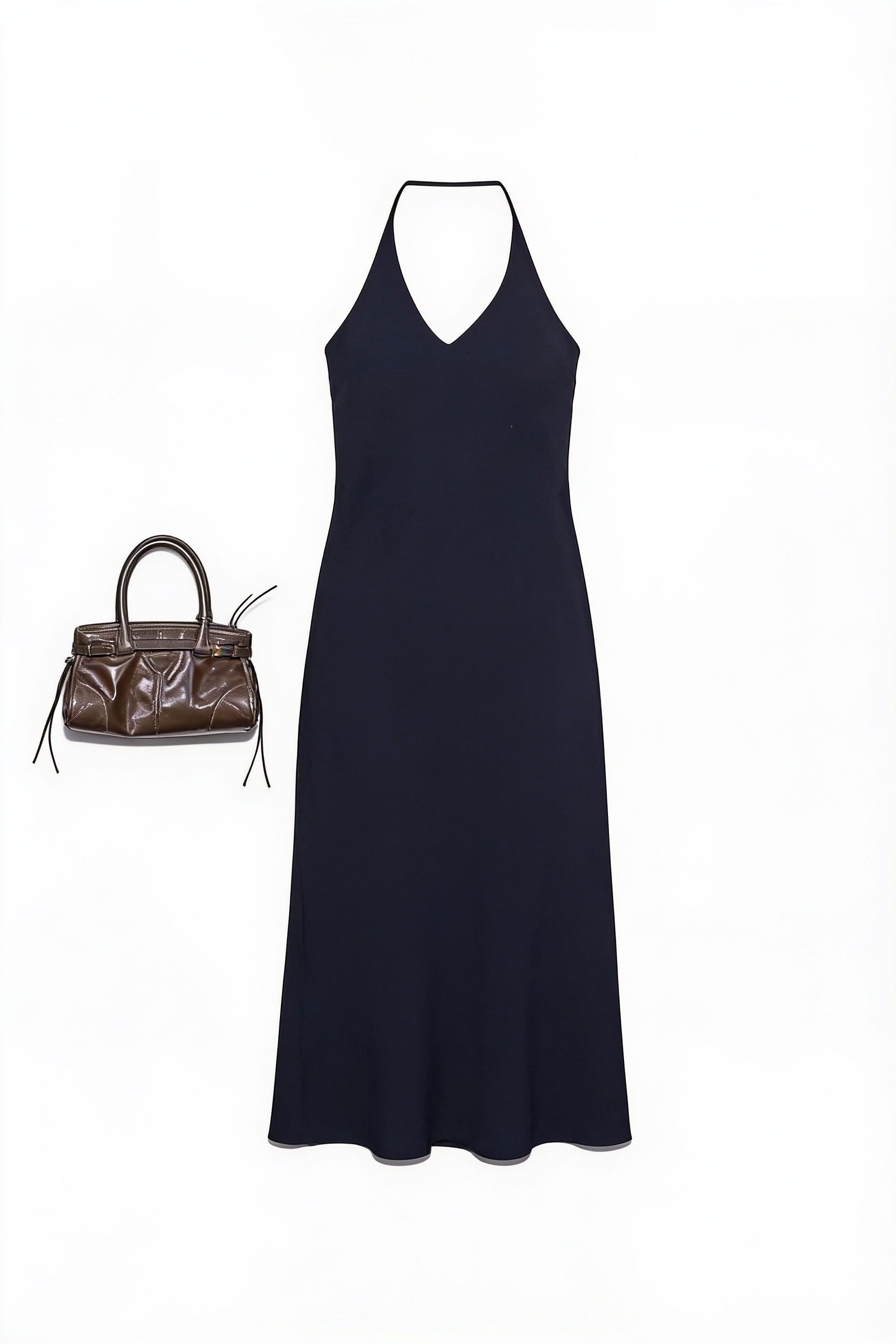 Black halterneck midi dress and brown handbag
