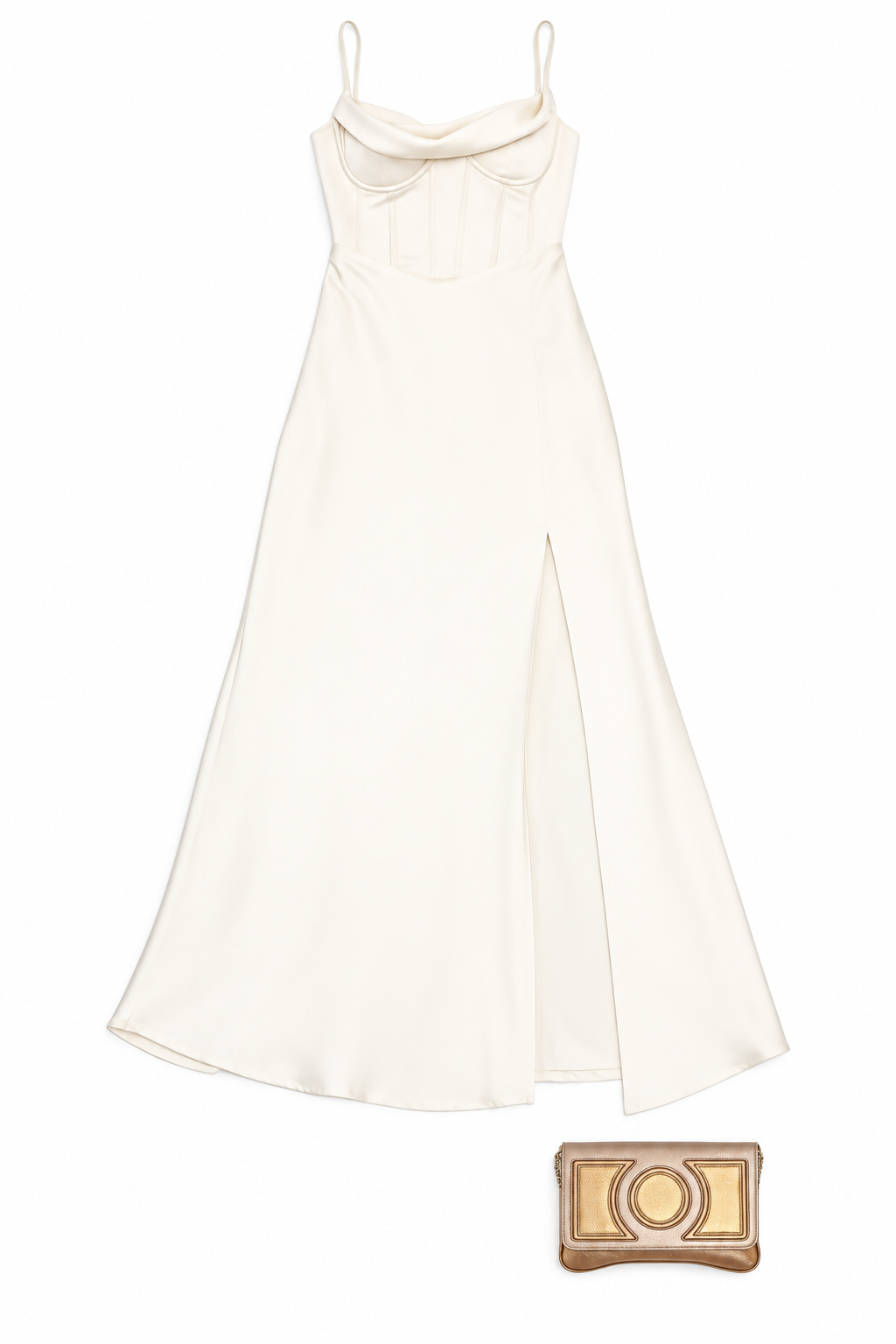 Ivory satin corset gown and gold clutch