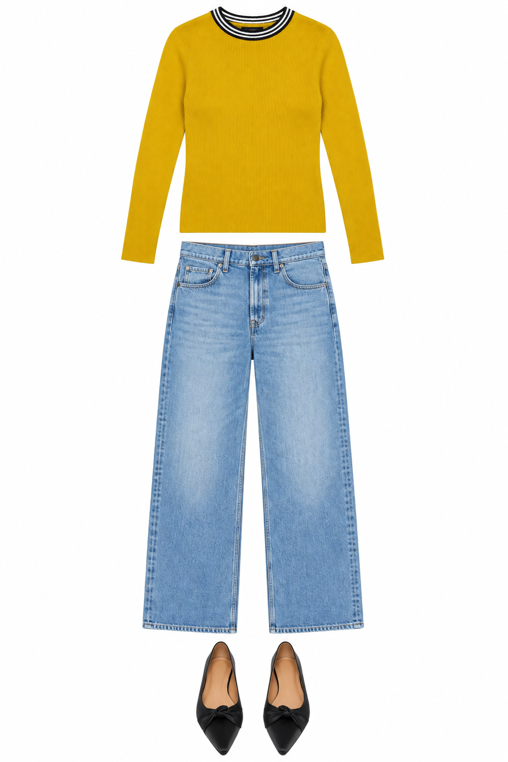 Yellow ribbed sweater, blue jeans and black bow shoes