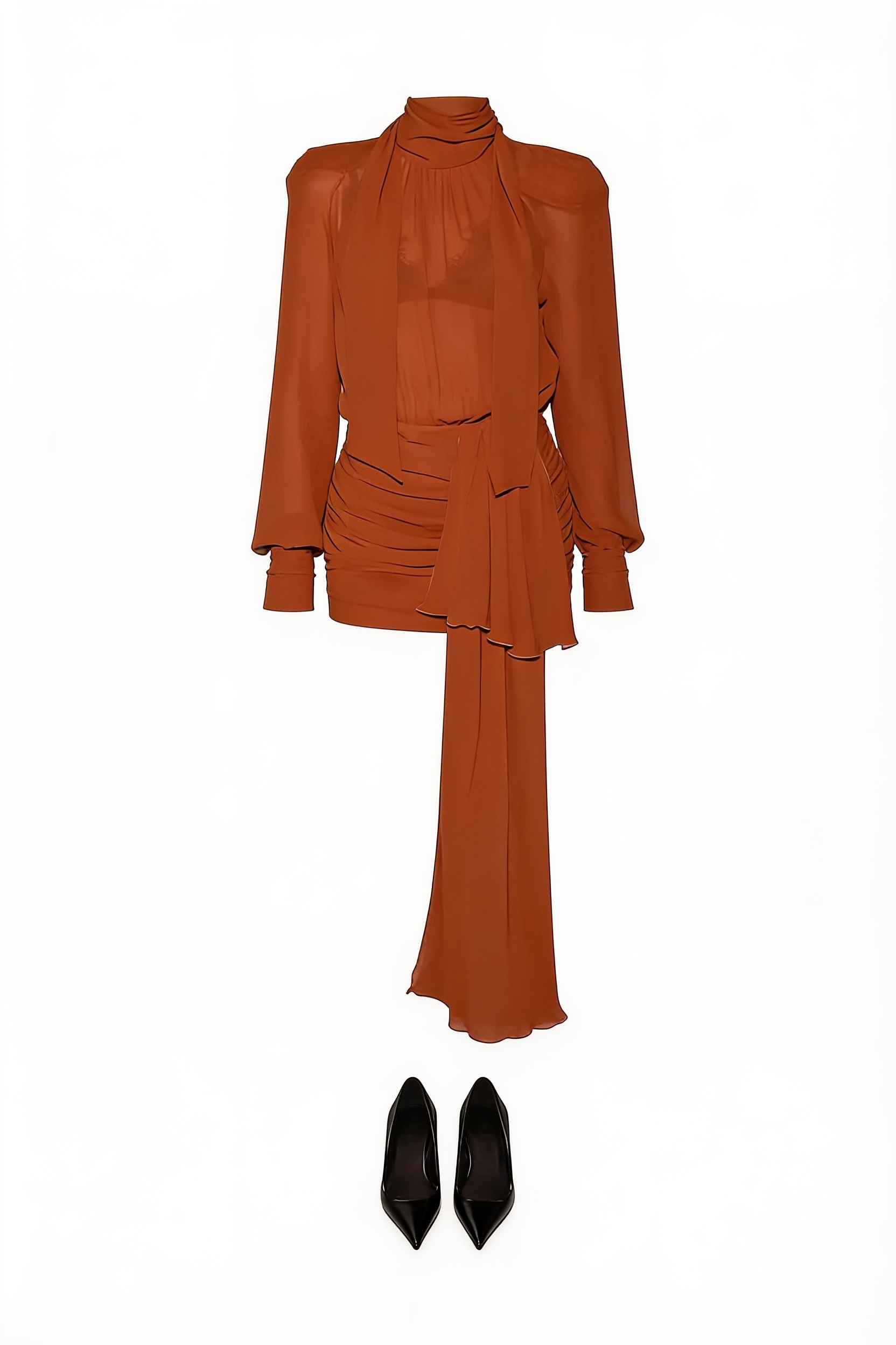 Rust asymmetric mini dress and pointed pumps