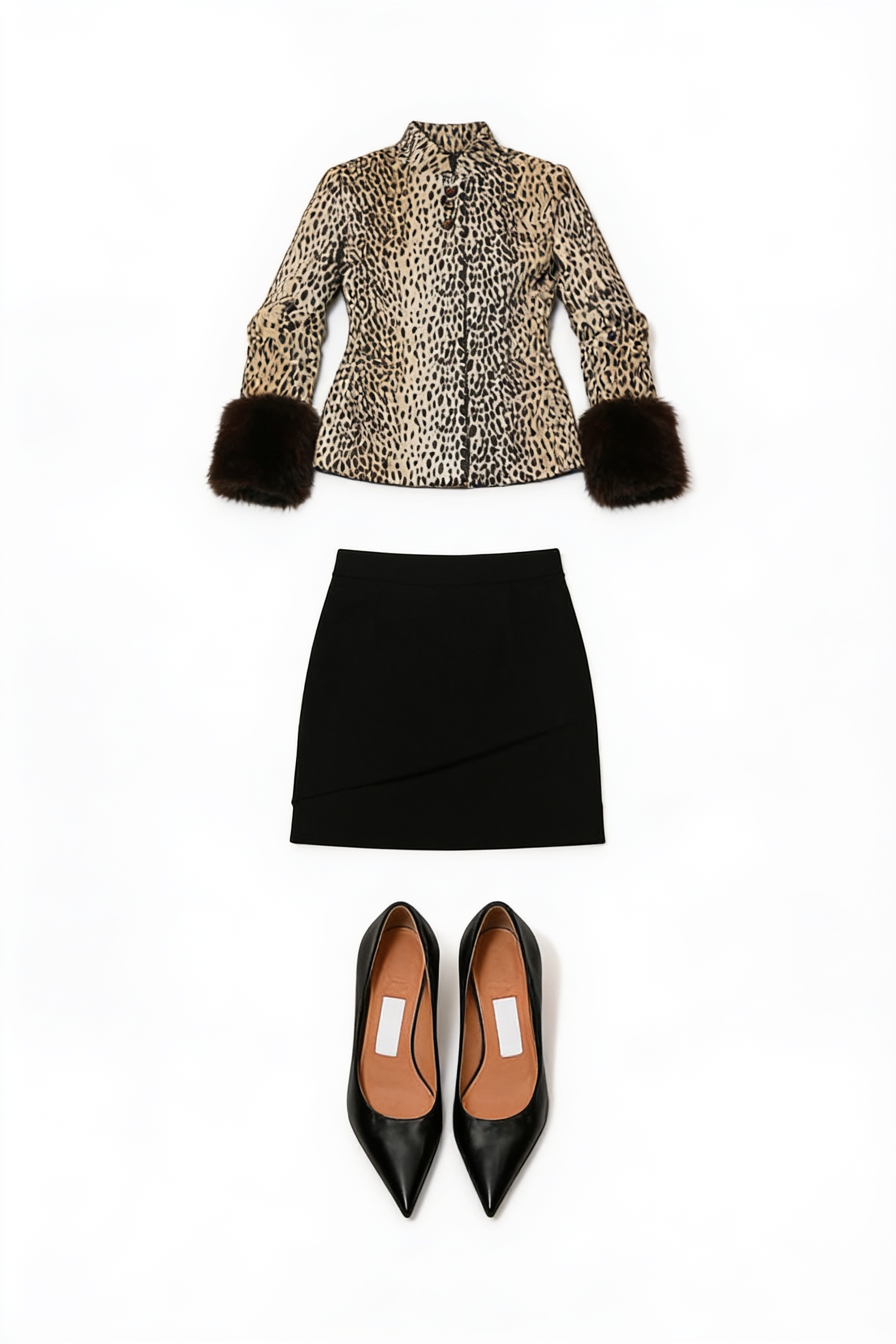 Leopard jacket with black cuffs and mini skirt