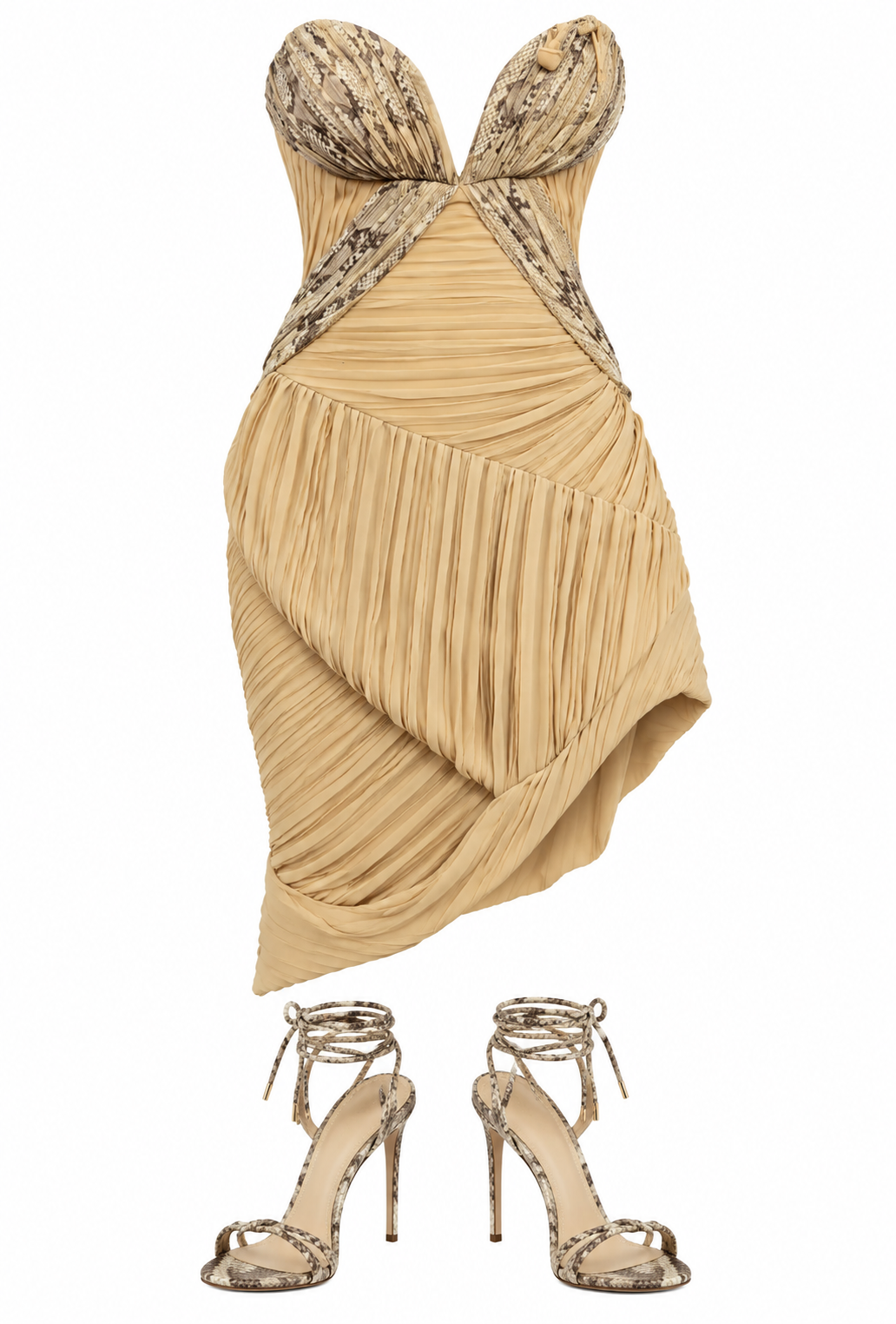 Pleated sand mini dress and snakeskin sandals