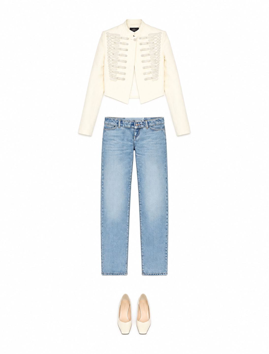 Cream cardigan and pale straight-leg jeans