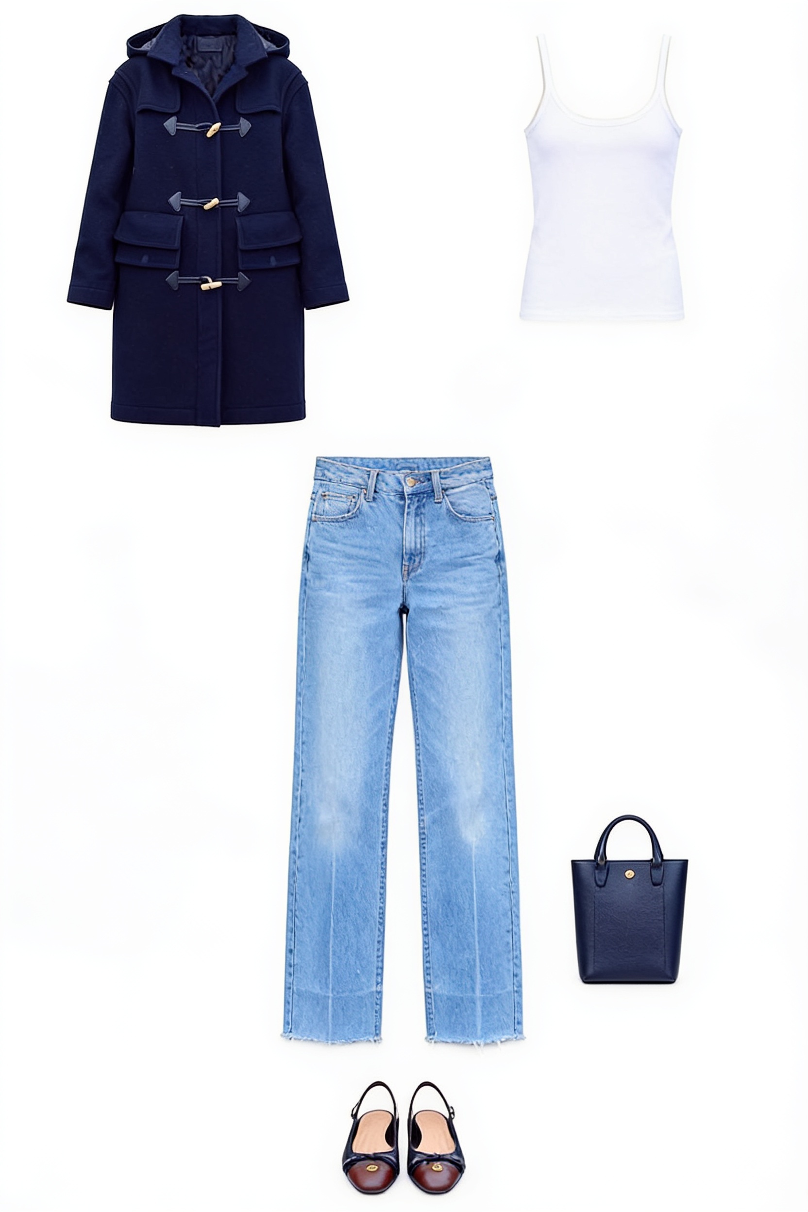 Navy duffle coat and light-wash jeans