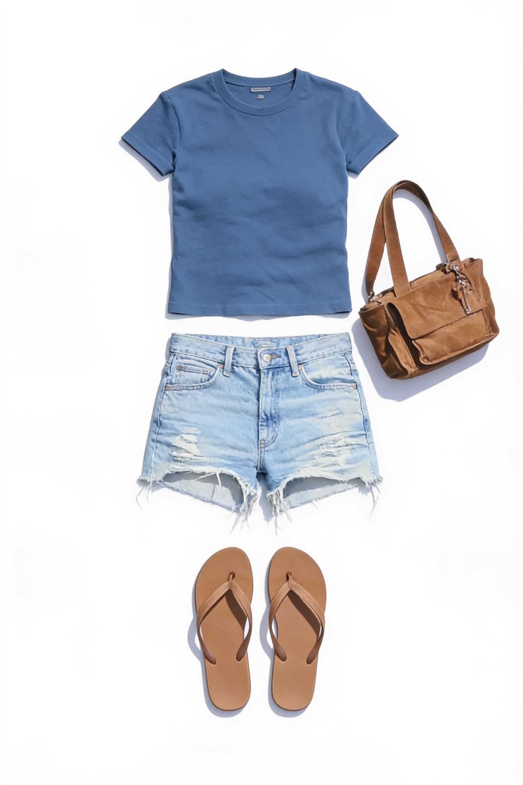 Blue fitted tee and distressed denim shorts