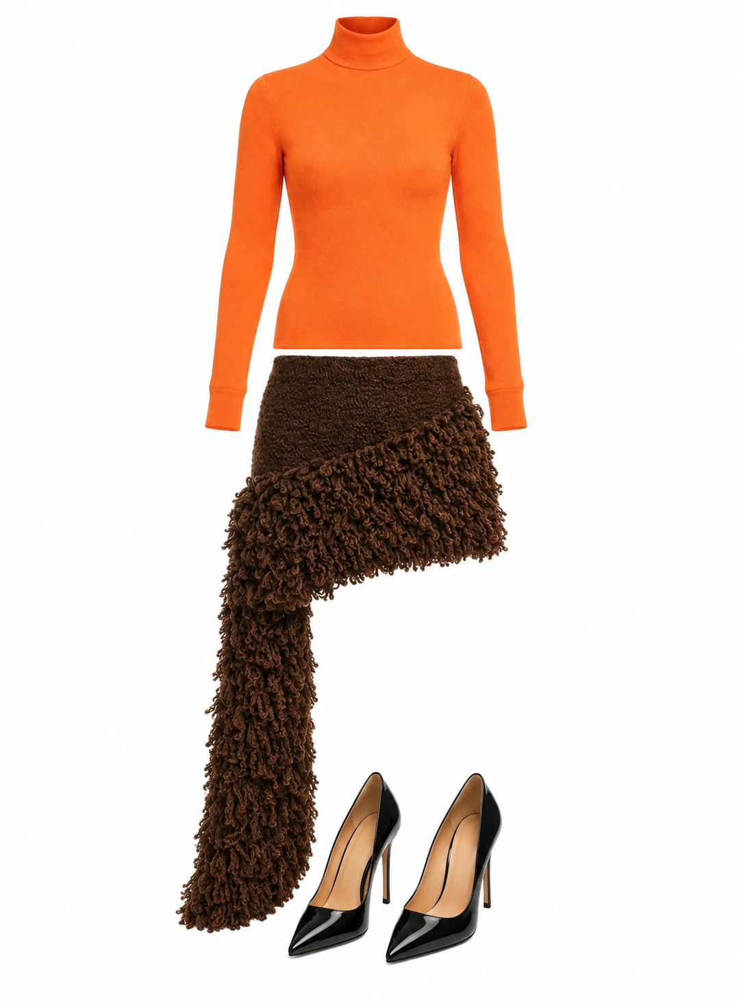 Orange turtleneck and brown fringed skirt
