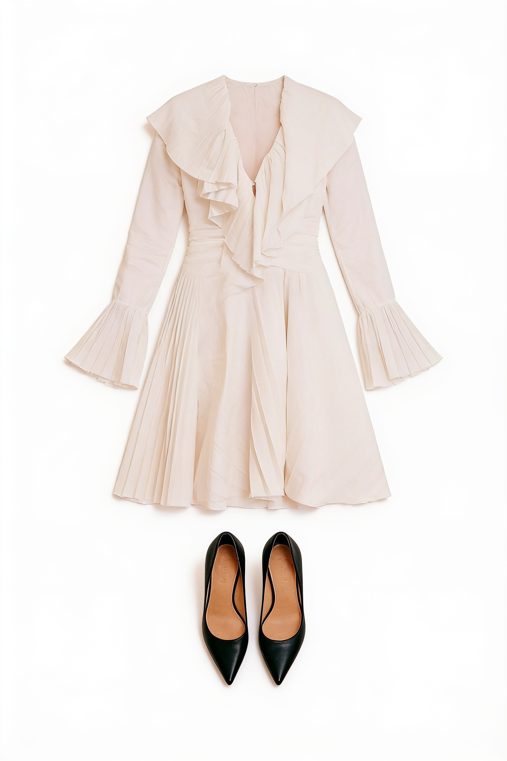 Ivory ruffled long-sleeve midi dress