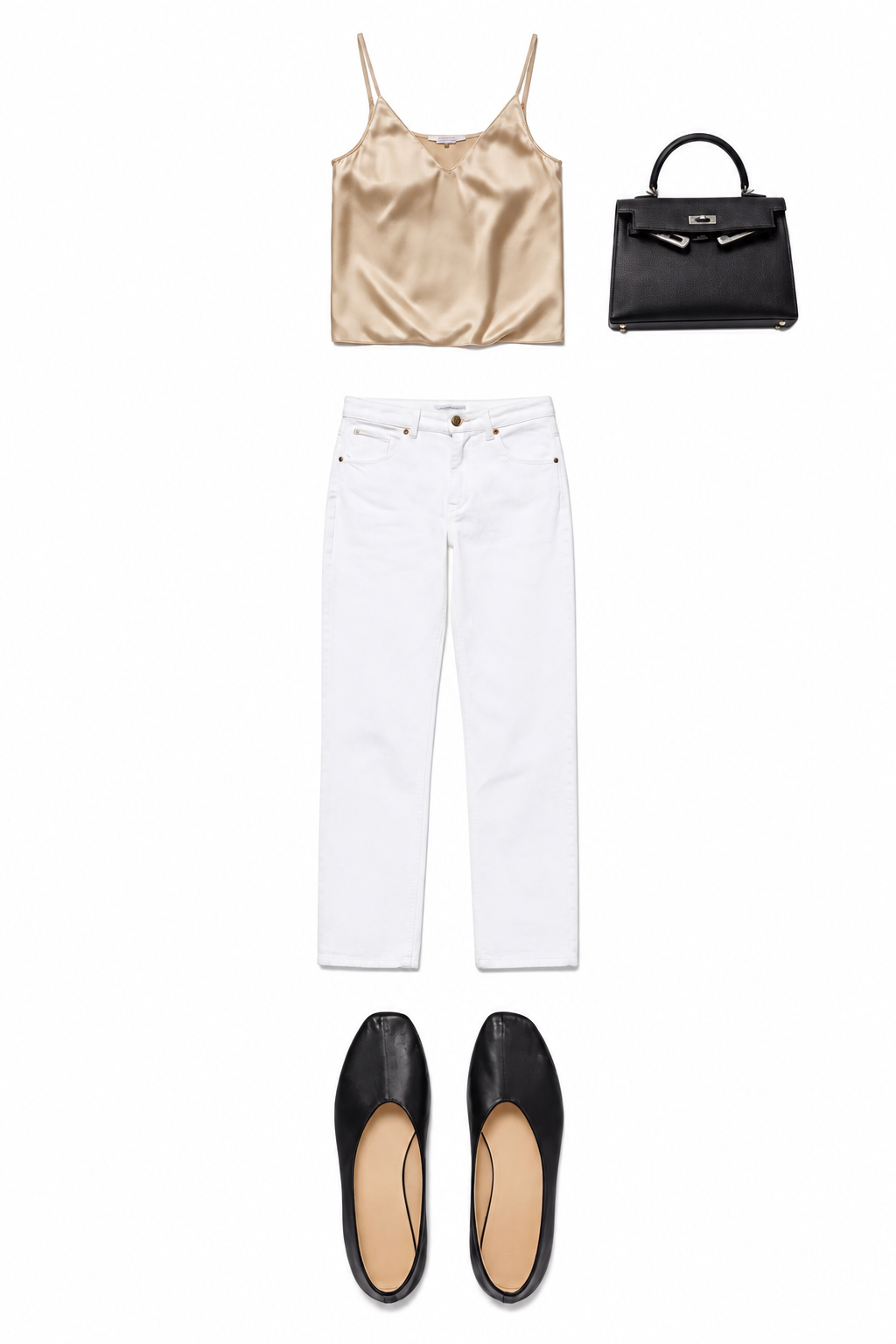 Champagne satin camisole and white jeans