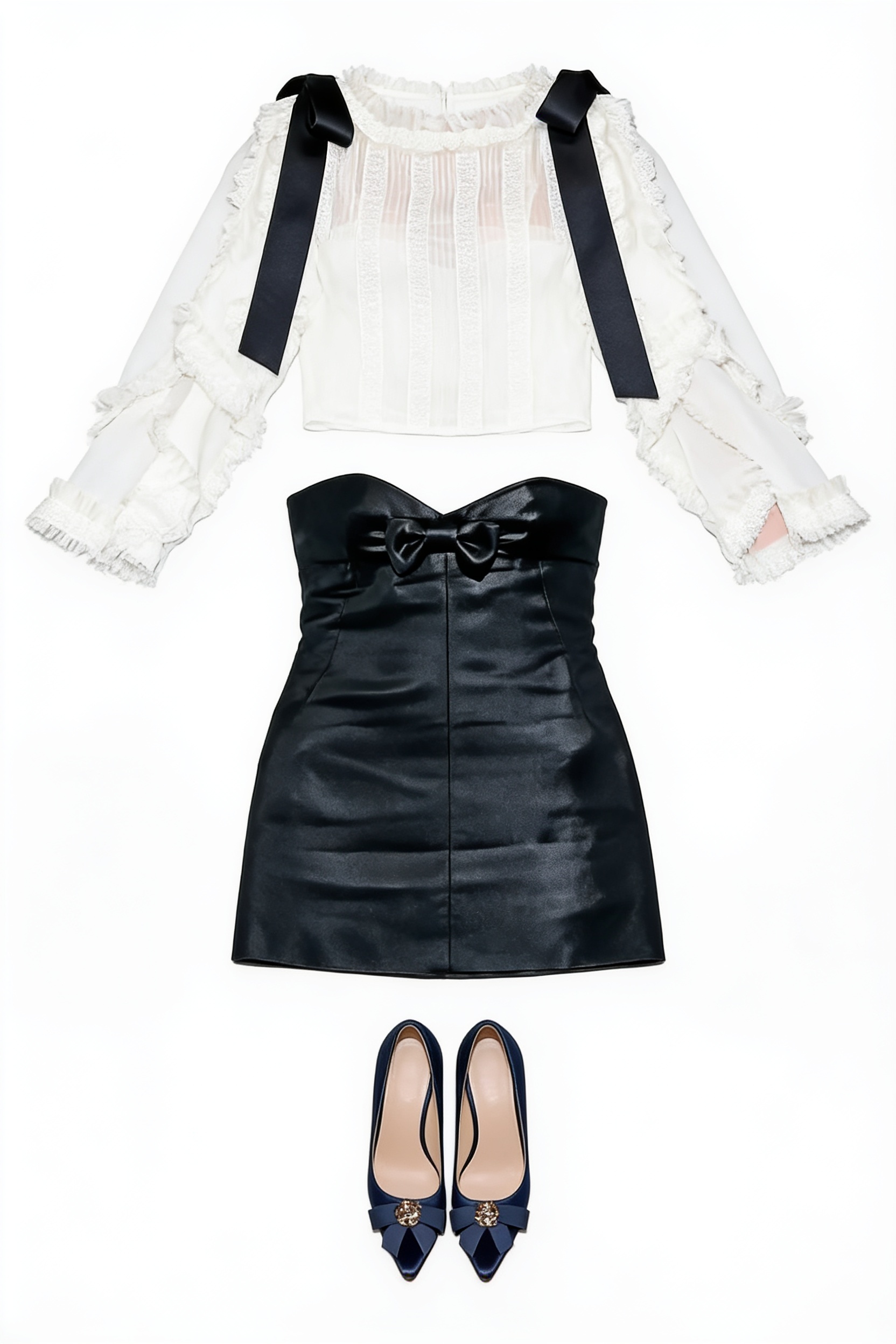 Black leather mini dress and white blouse