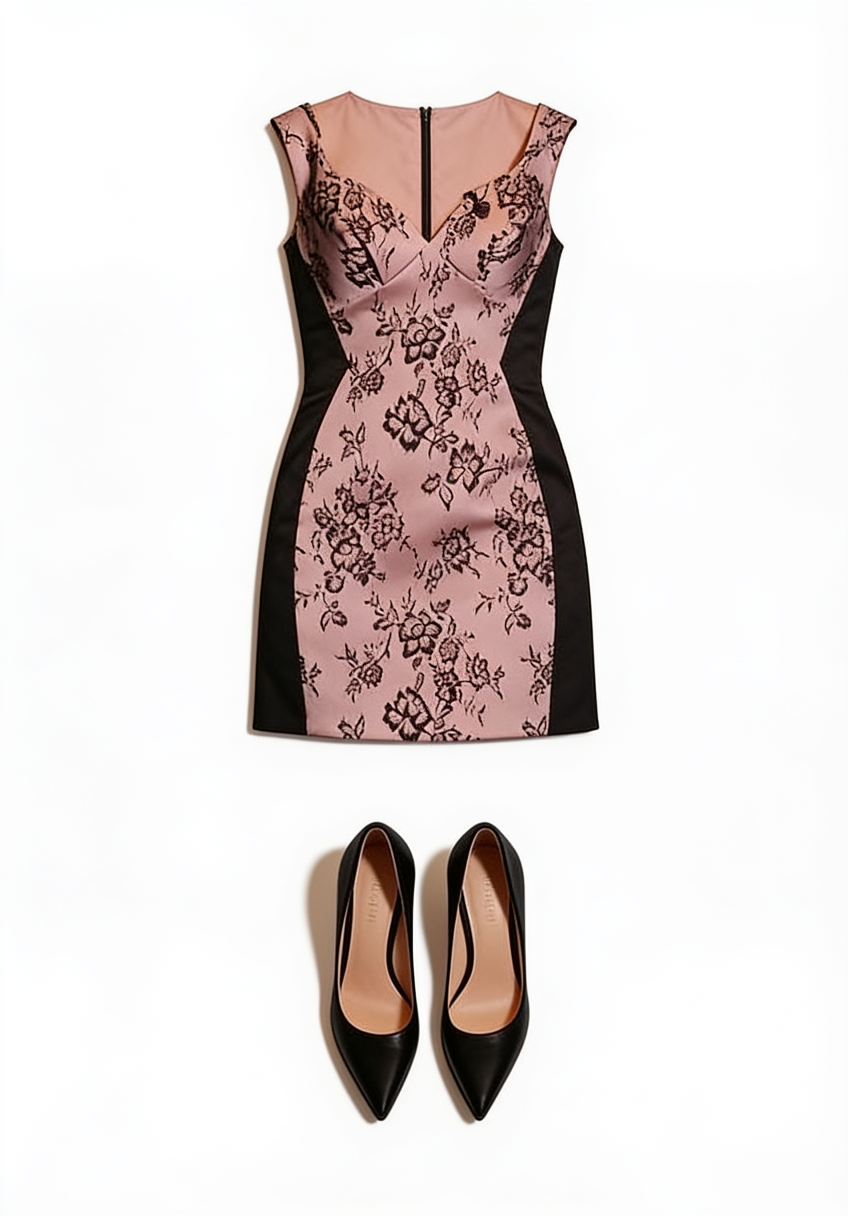 Pink floral mini dress and black pumps