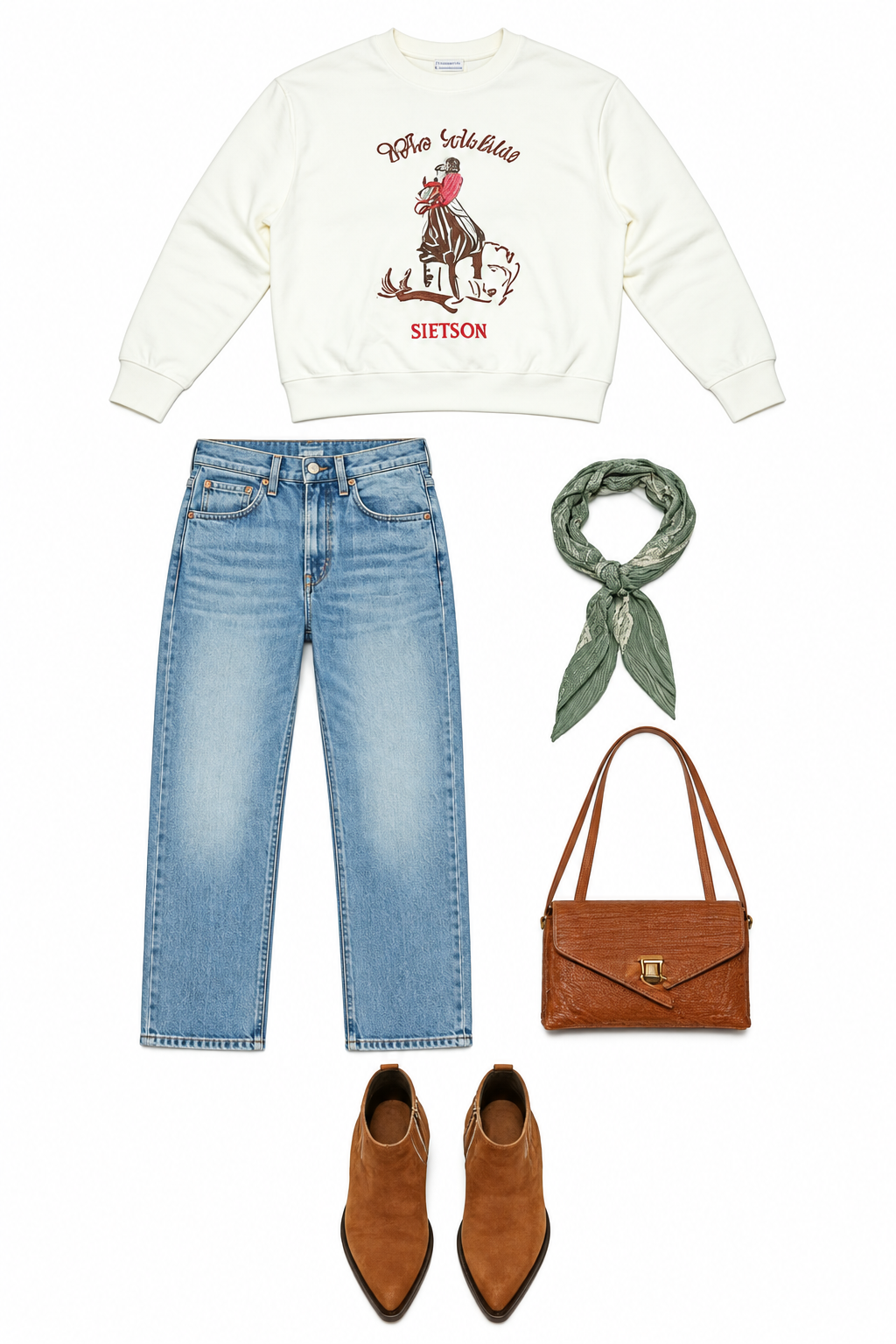 Graphic sweatshirt, blue jeans and brown ankle boots