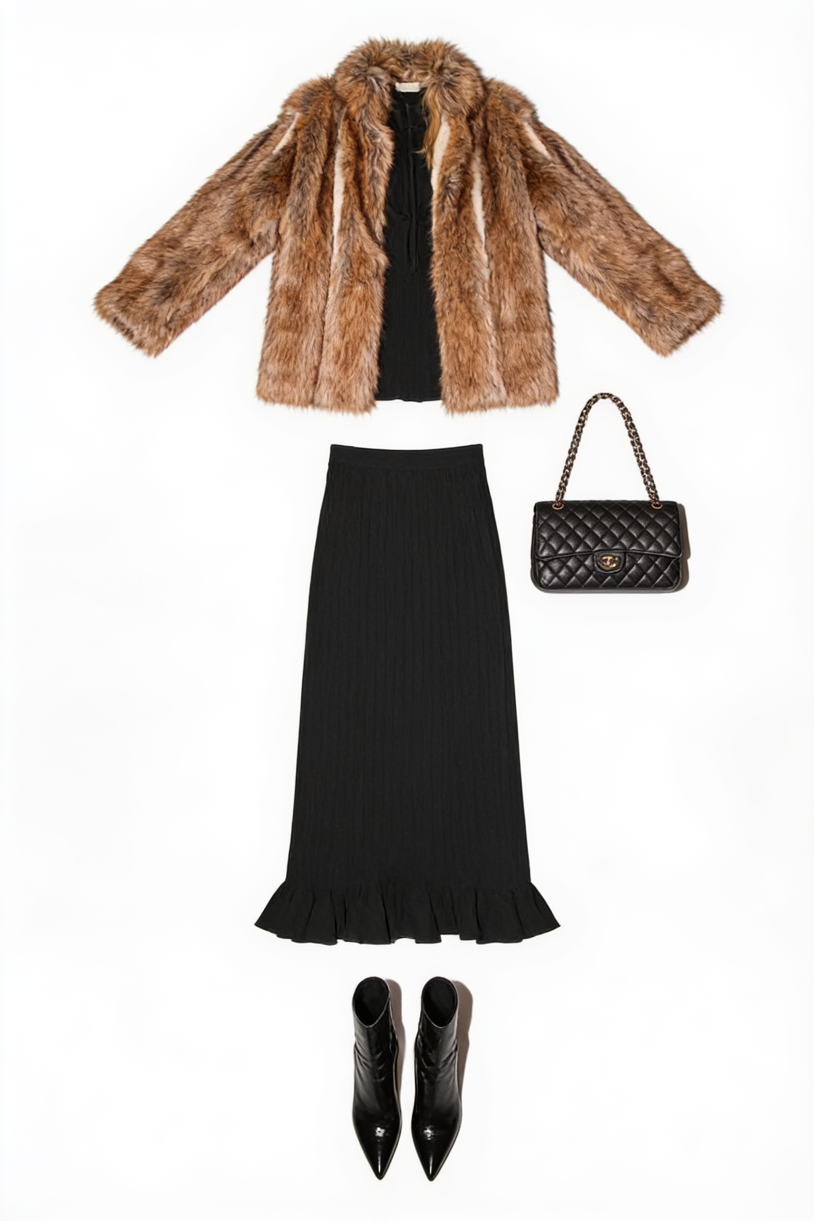 Brown textured jacket and black maxi skirt