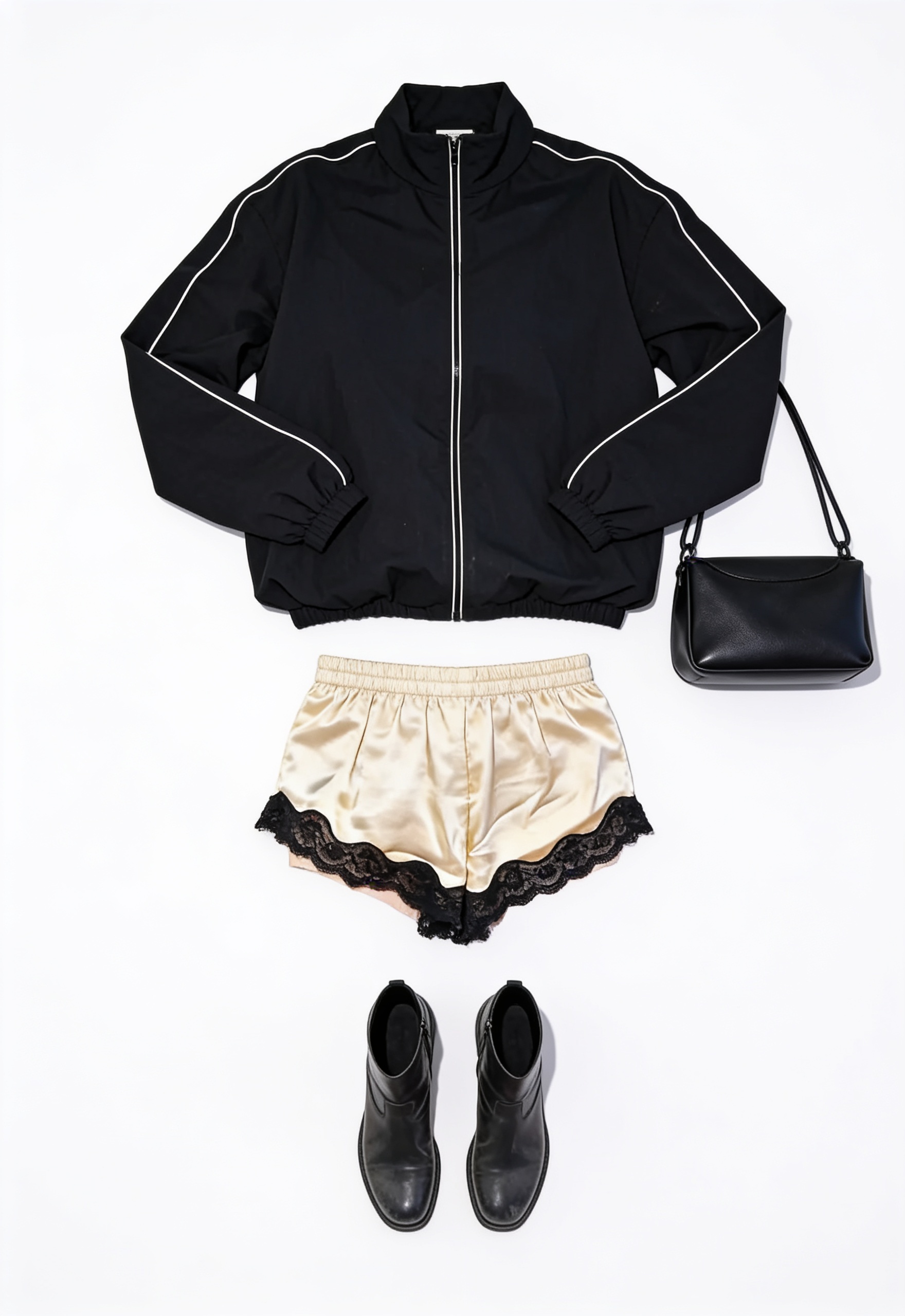 Black zip jacket and lace-trim shorts
