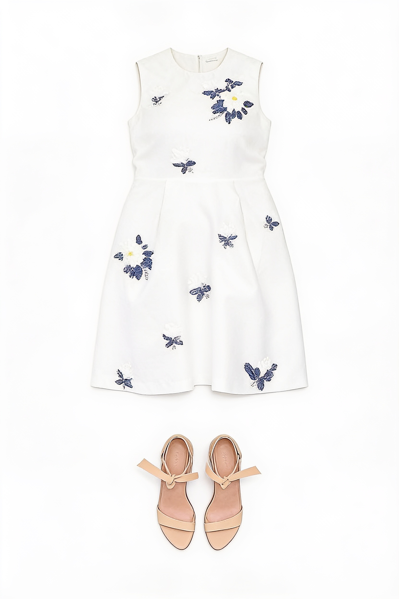 White floral sleeveless midi dress and strappy heels