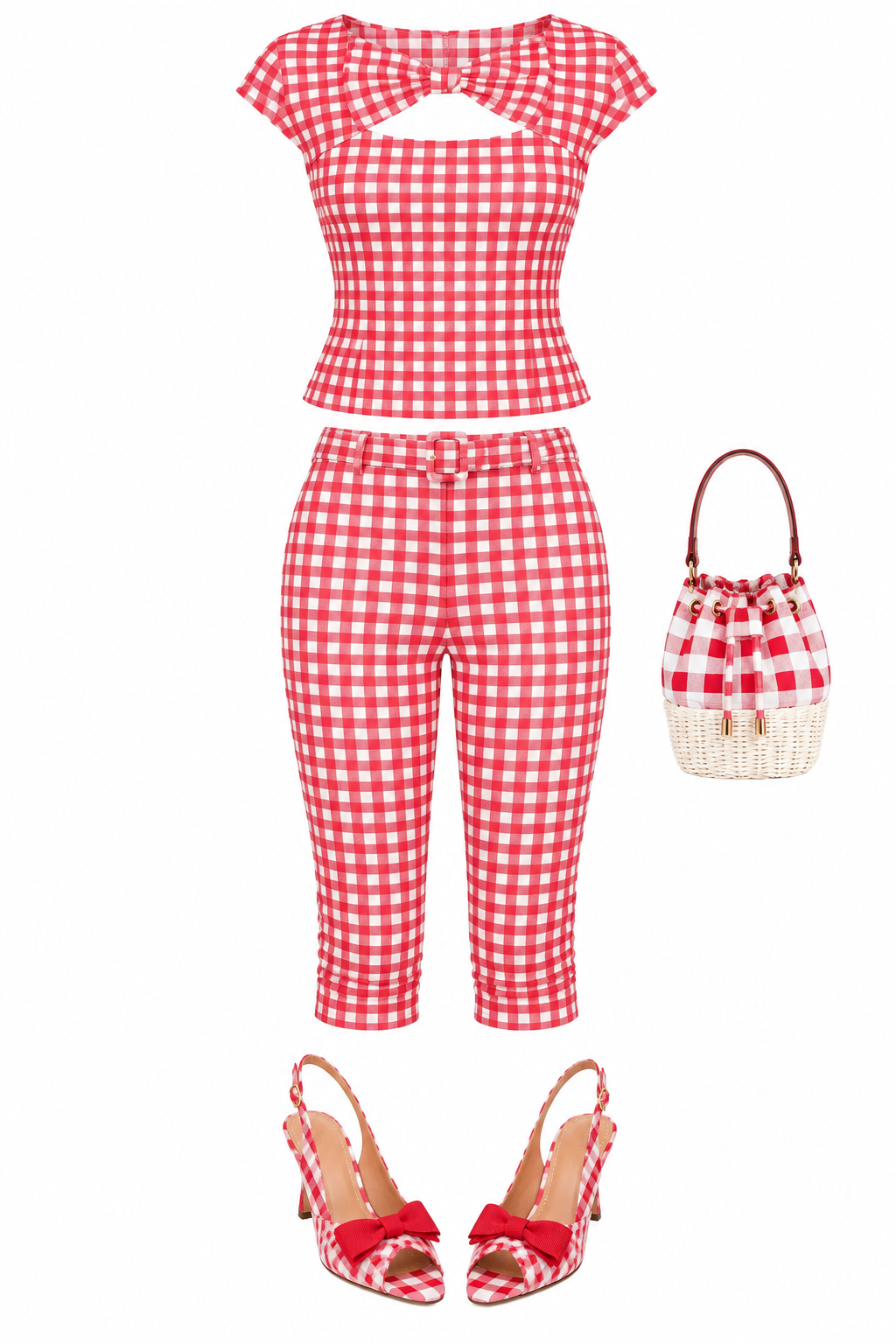 Red gingham top and capri trousers