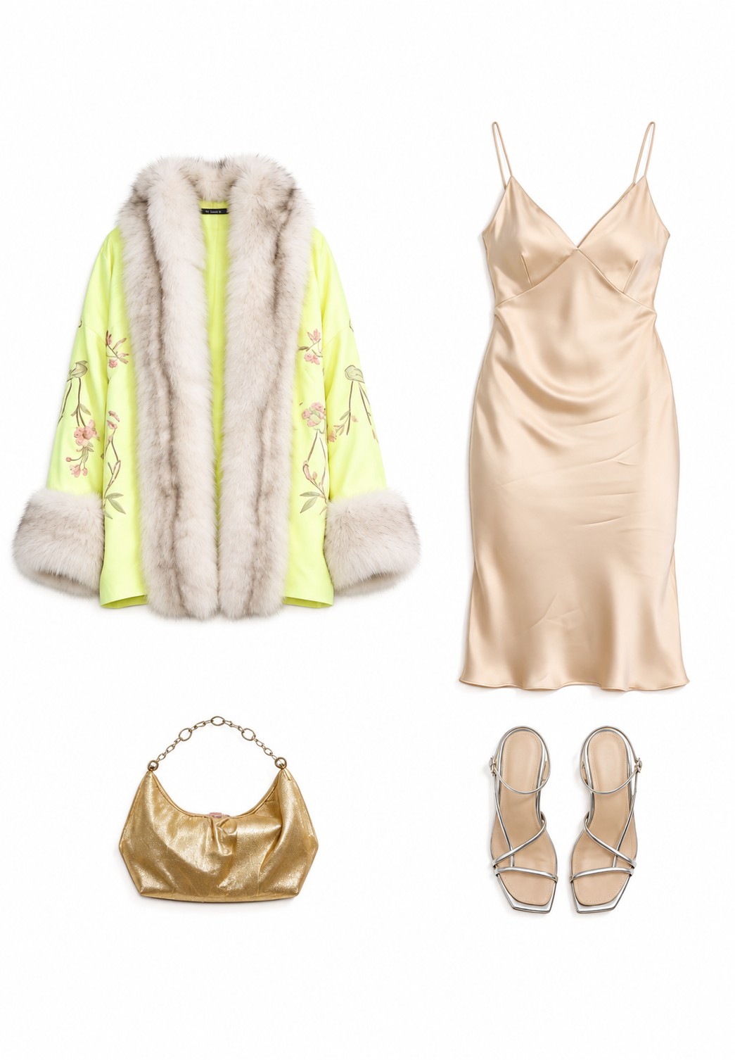 Champagne slip dress and lime jacket