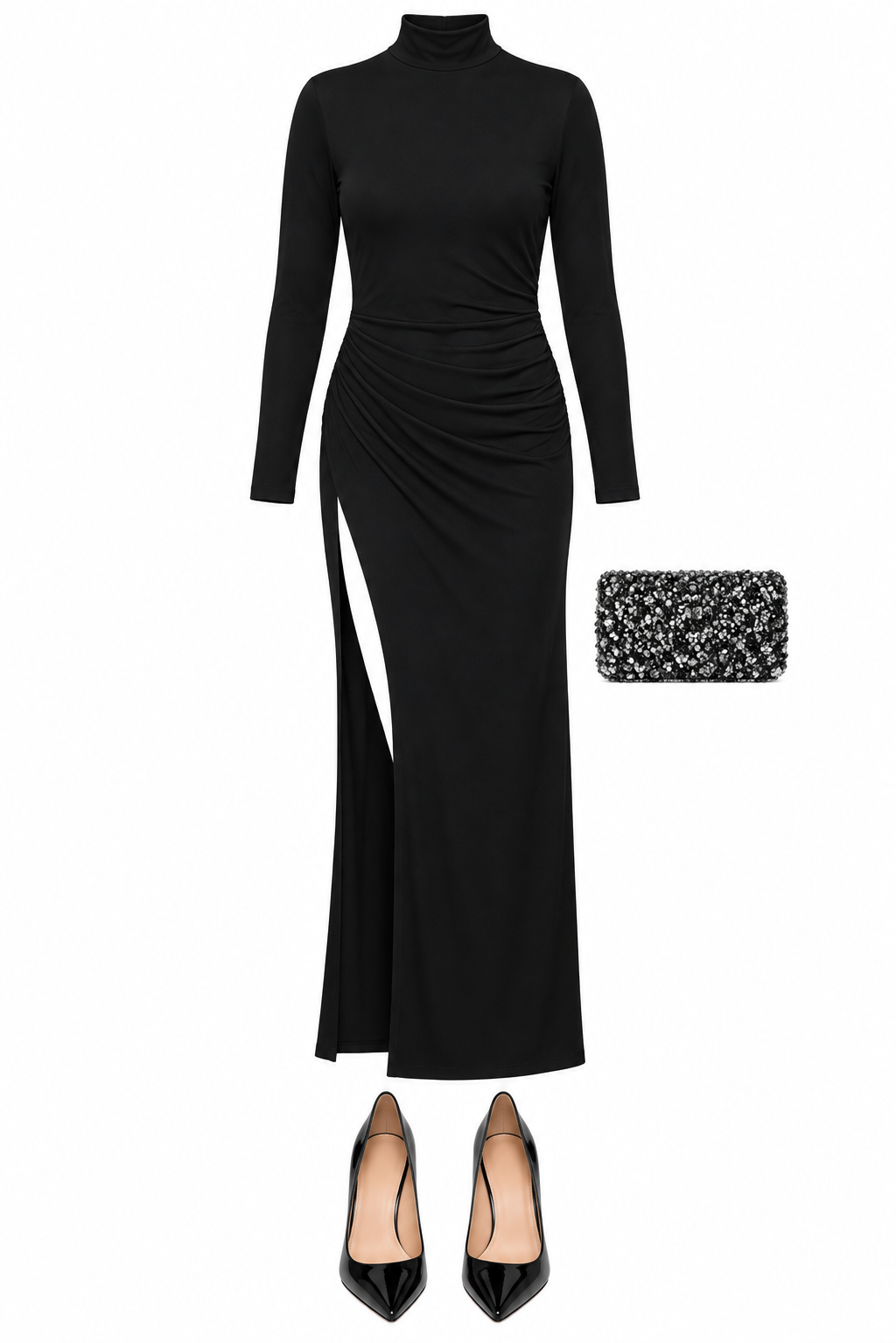 Black high-neck slit gown and crystal clutch