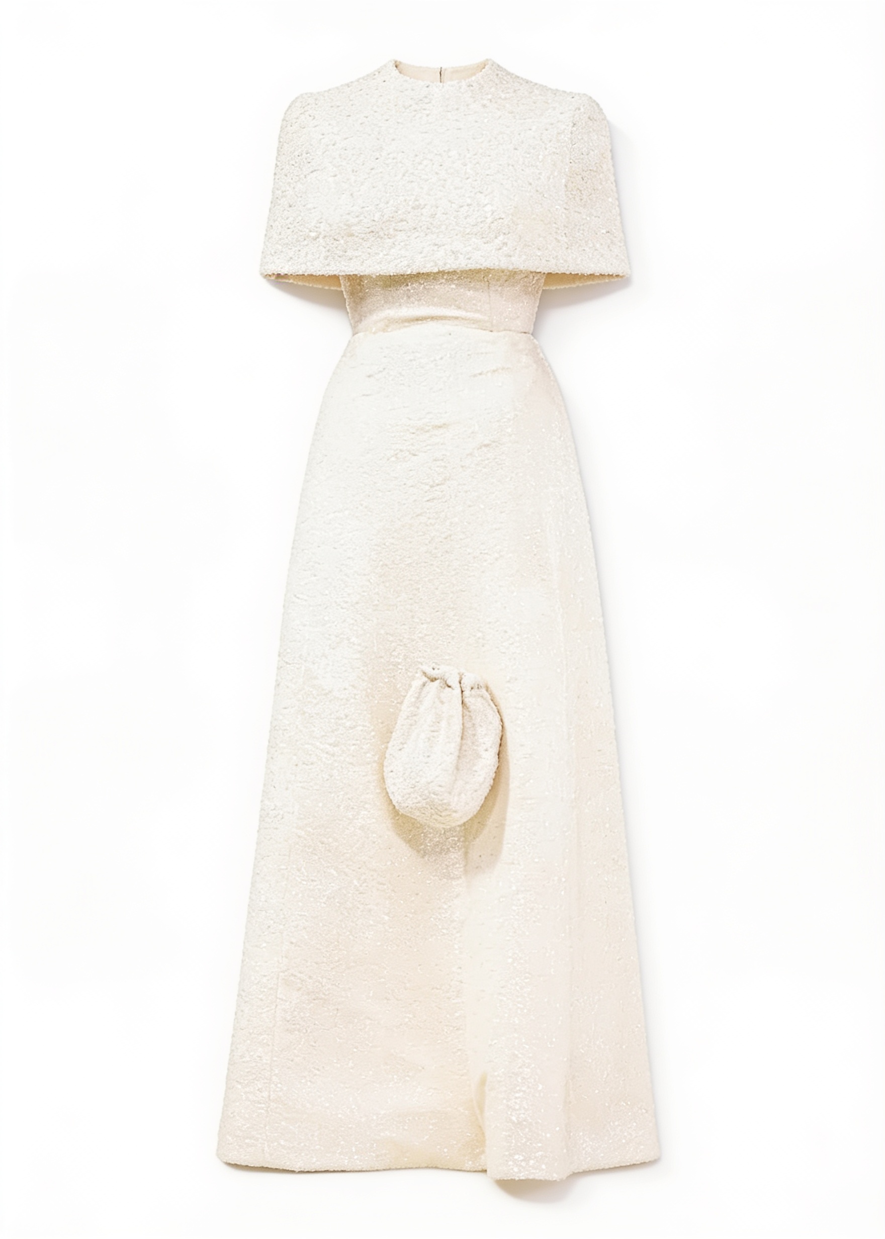 Ivory cape gown and drawstring bag