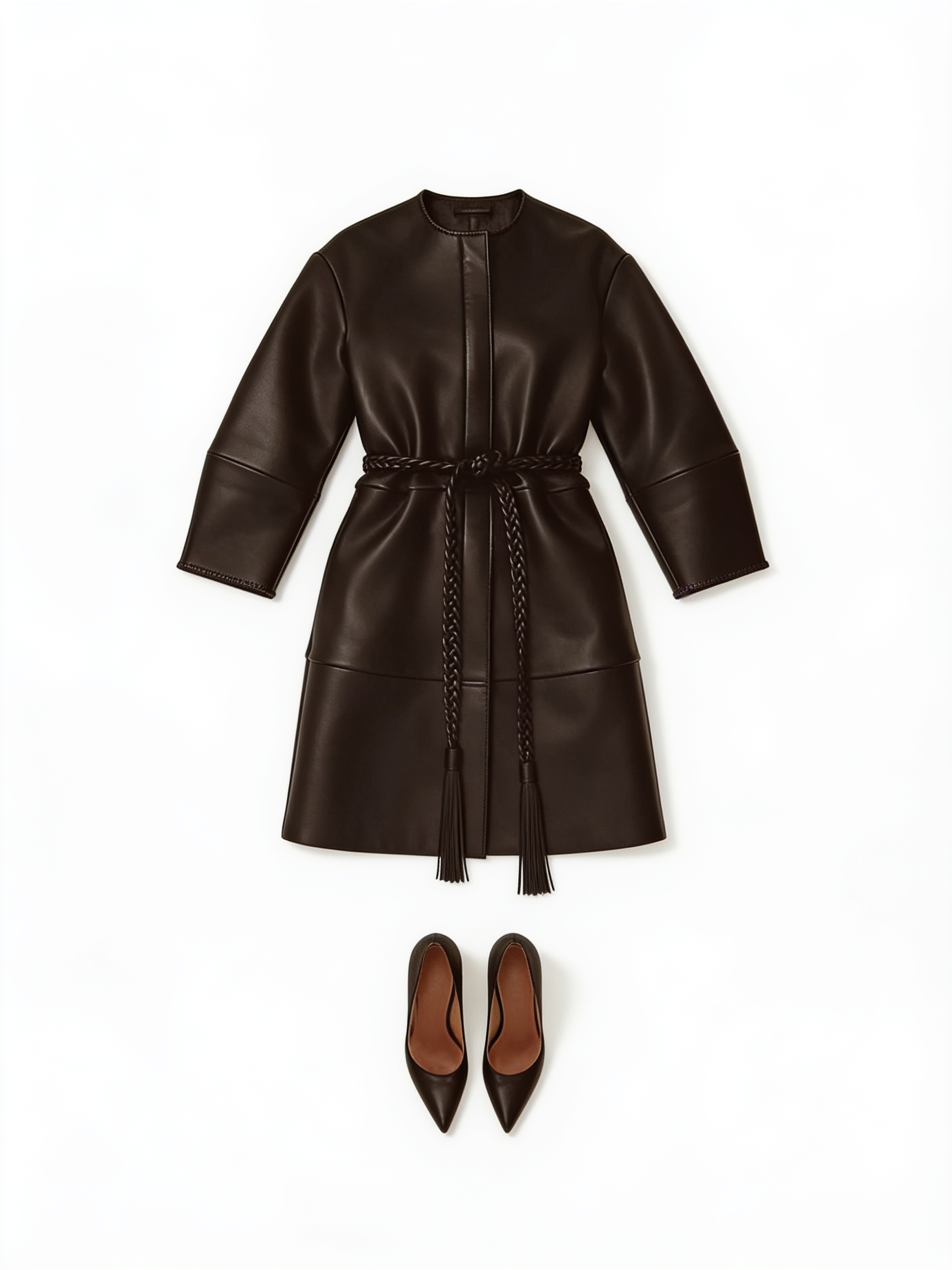 Dark brown belted leather coat and pumps