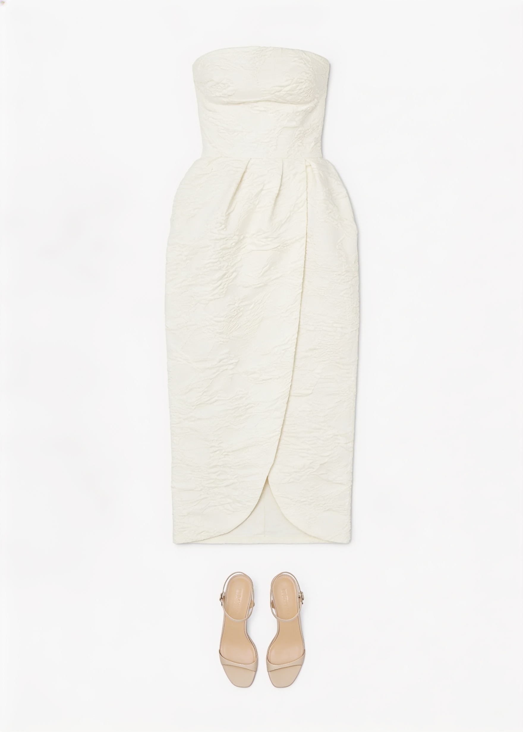 White strapless midi dress and heels