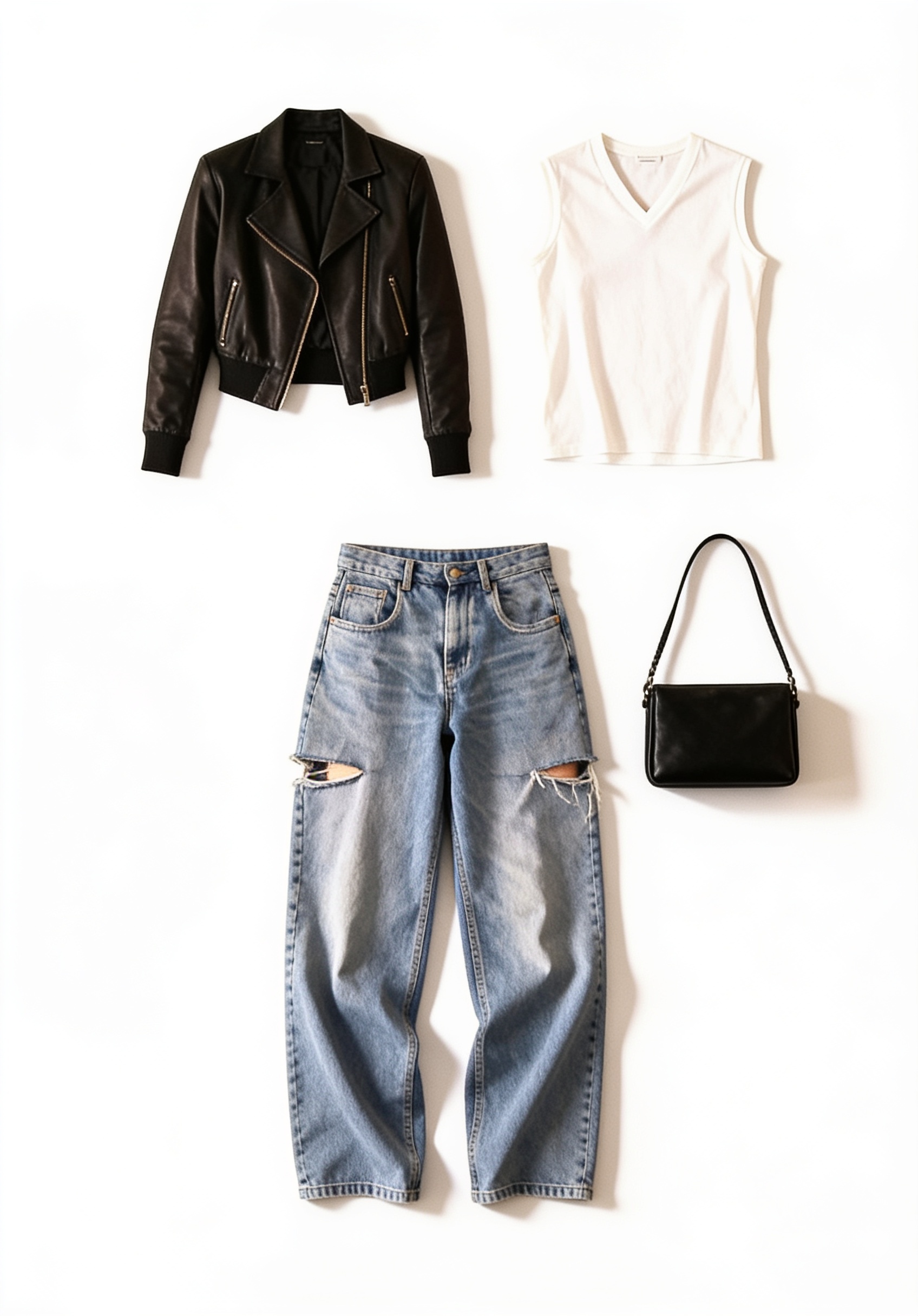 Black leather blazer and distressed jeans