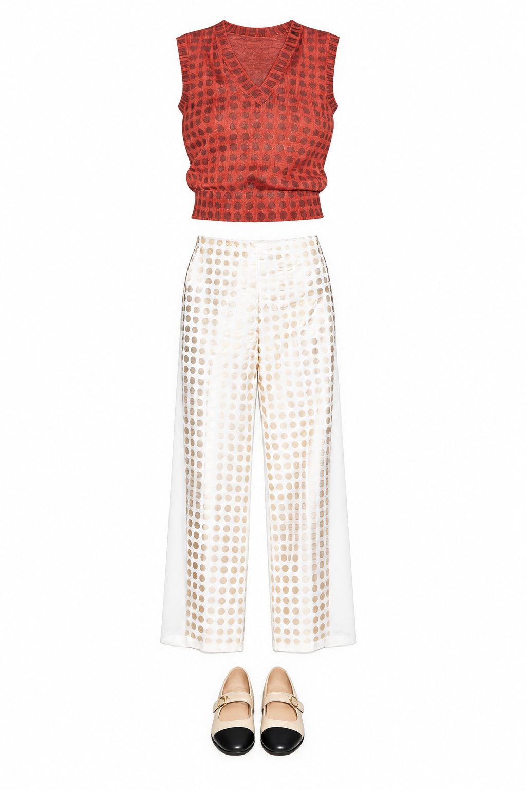 Rust knit vest and cream patterned trousers