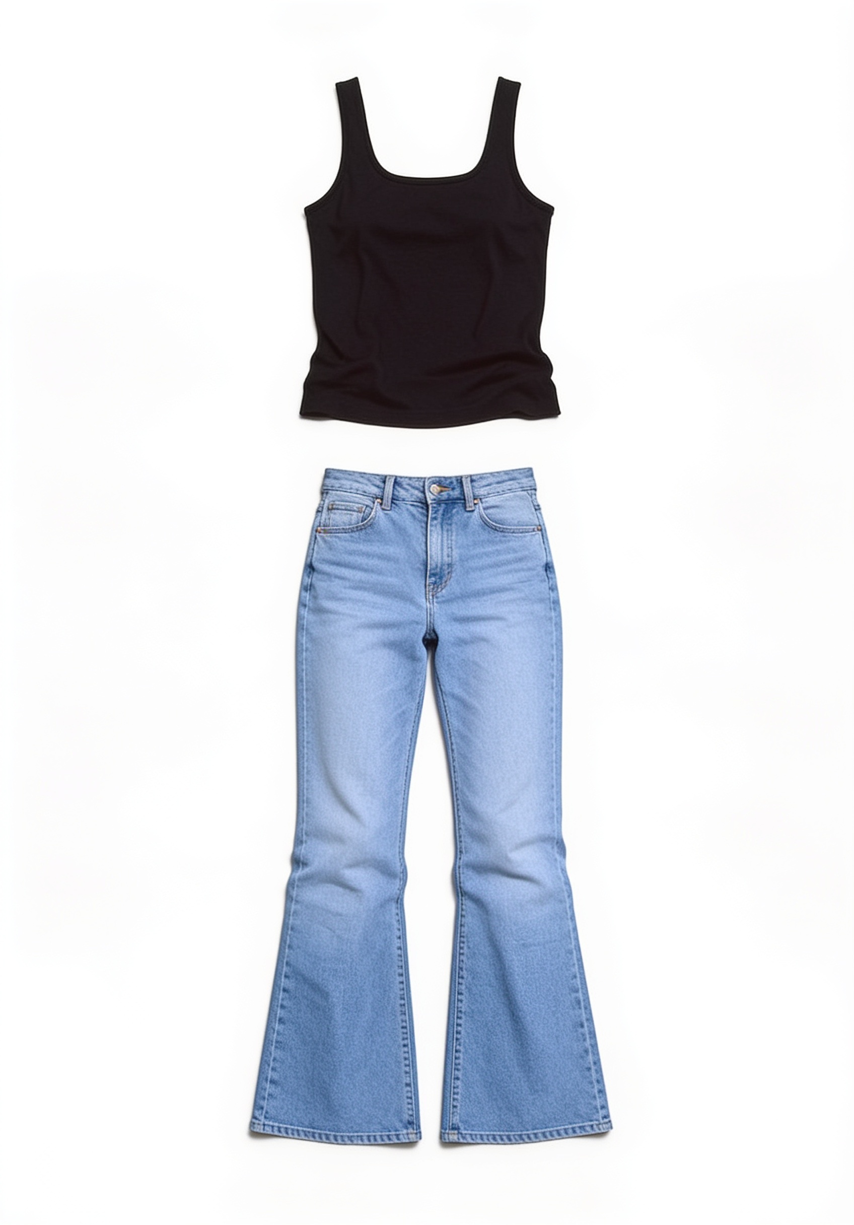 Black tank and flared blue jeans
