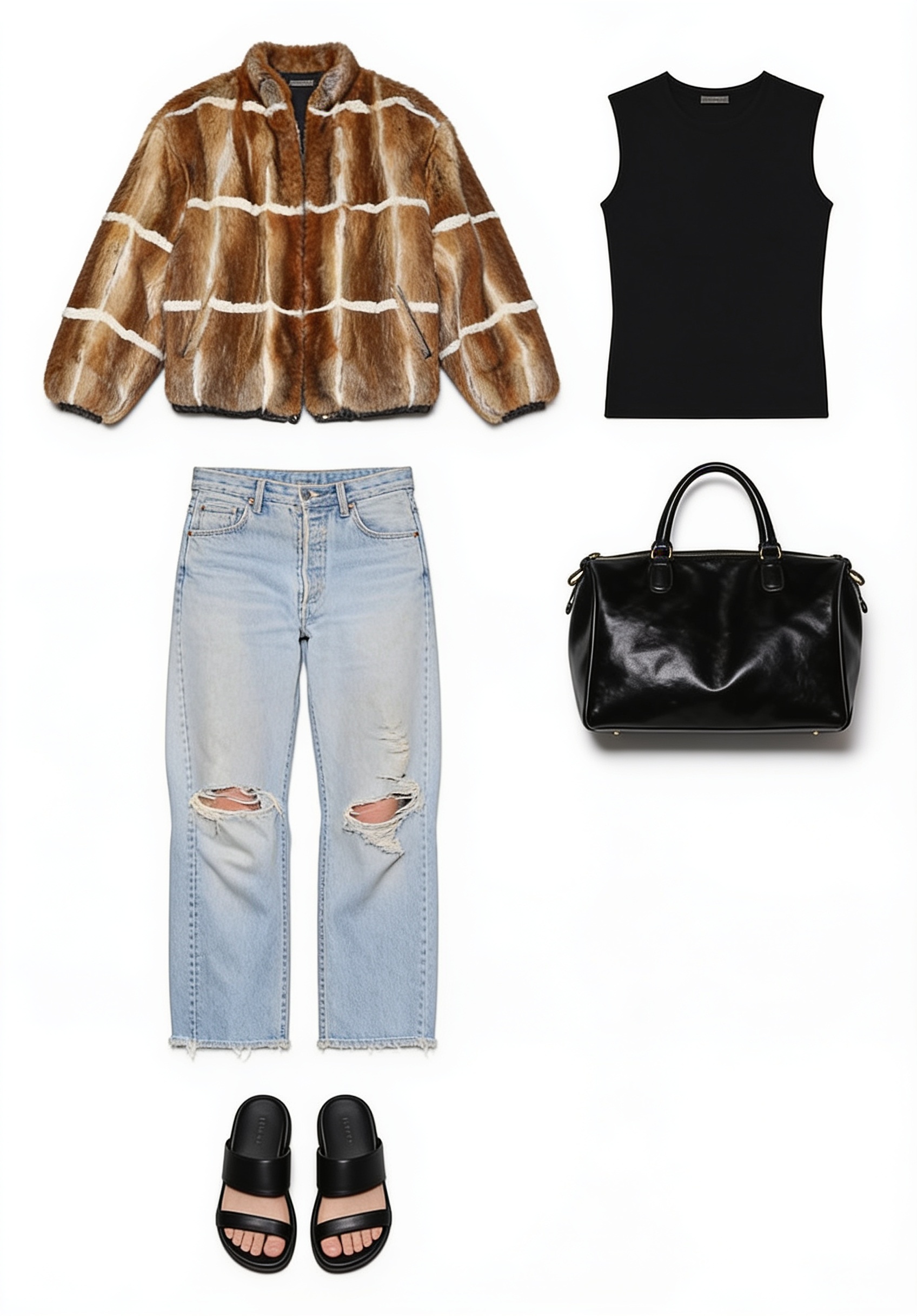 Brown shearling jacket and ripped jeans