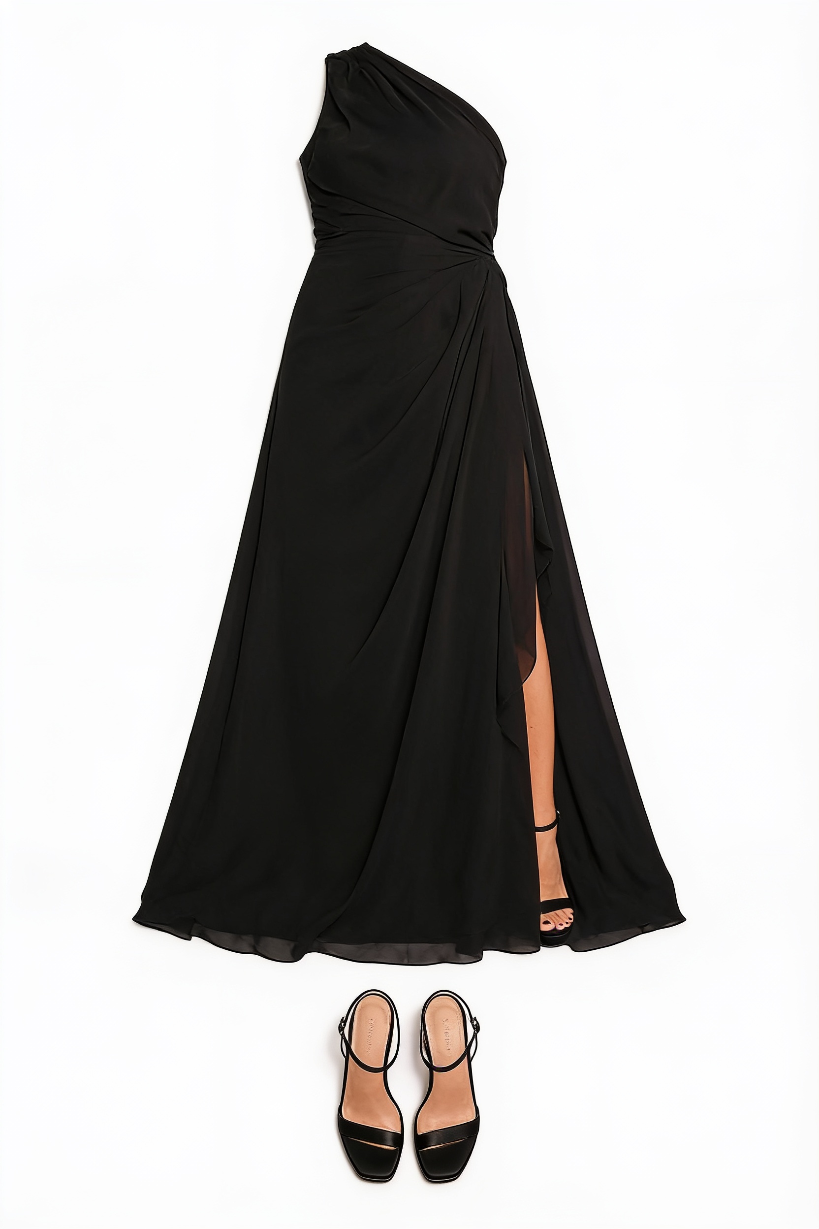 Black one-shoulder draped gown