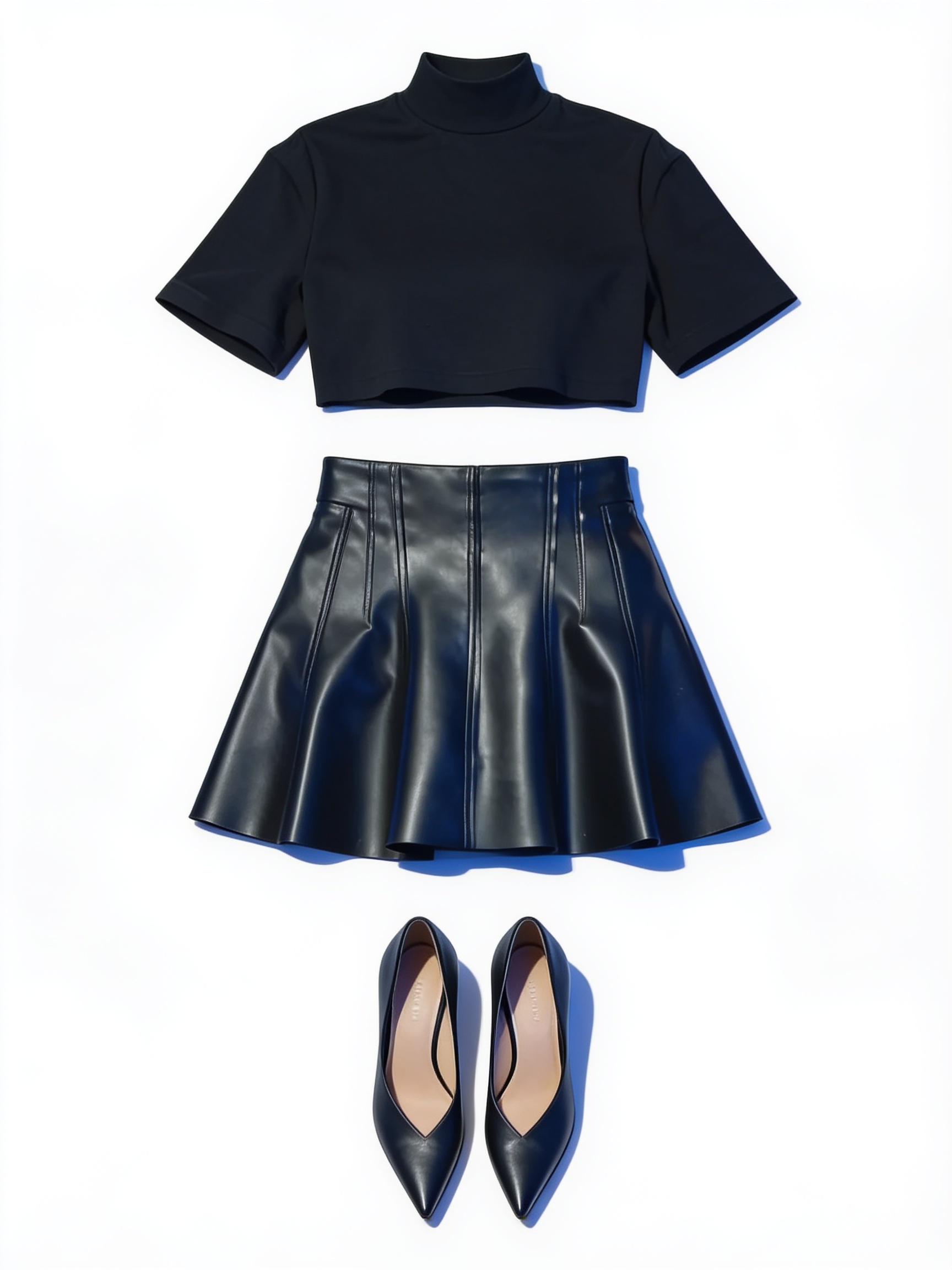 Black short-sleeve top and leather mini skirt
