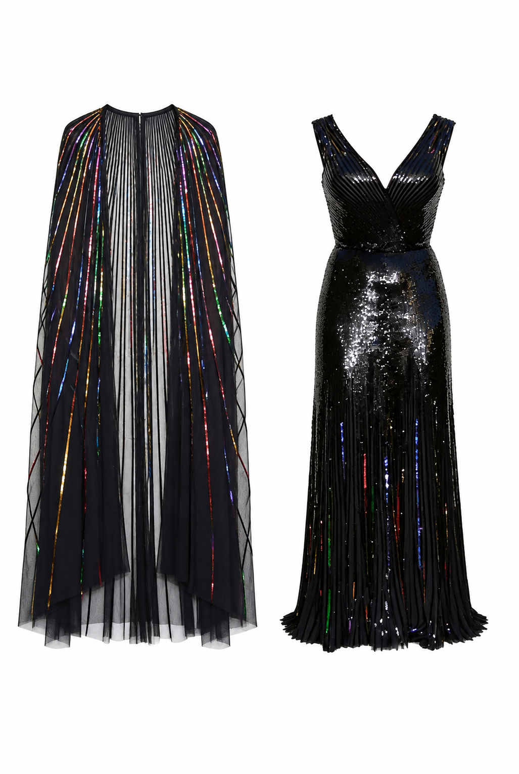 Black shimmering gown with sheer cape