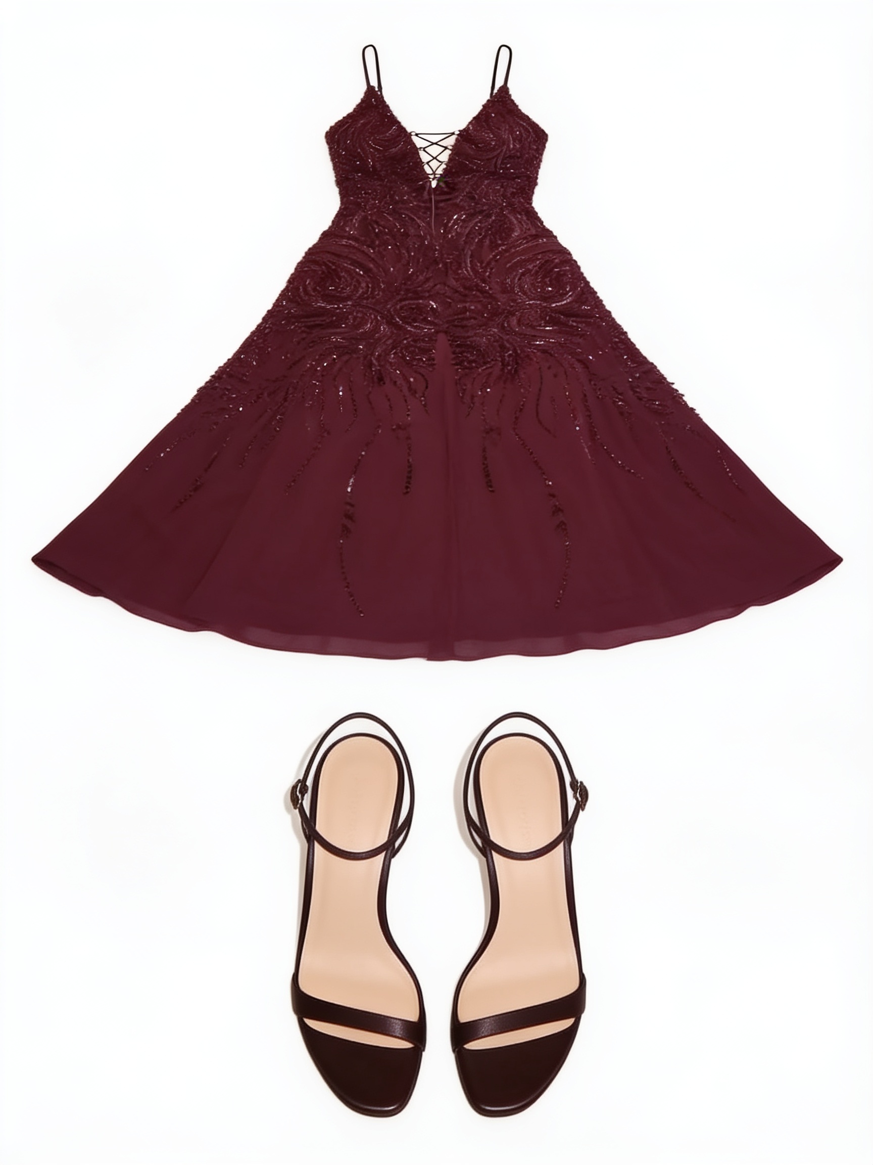 Burgundy embellished dress and matching heels