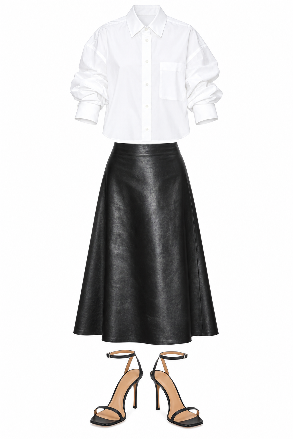 White shirt and black leather midi skirt