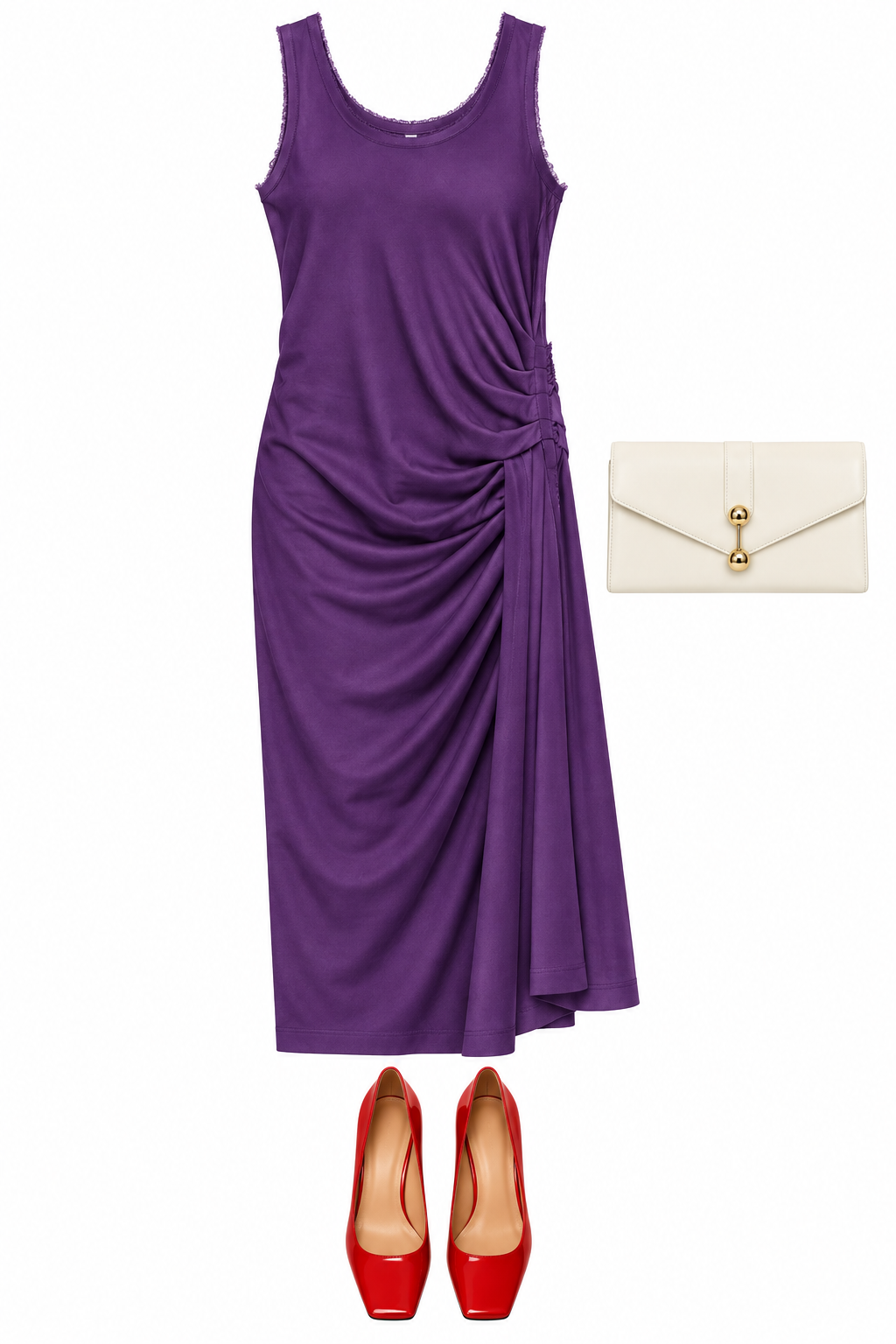 Purple draped midi dress and red pumps