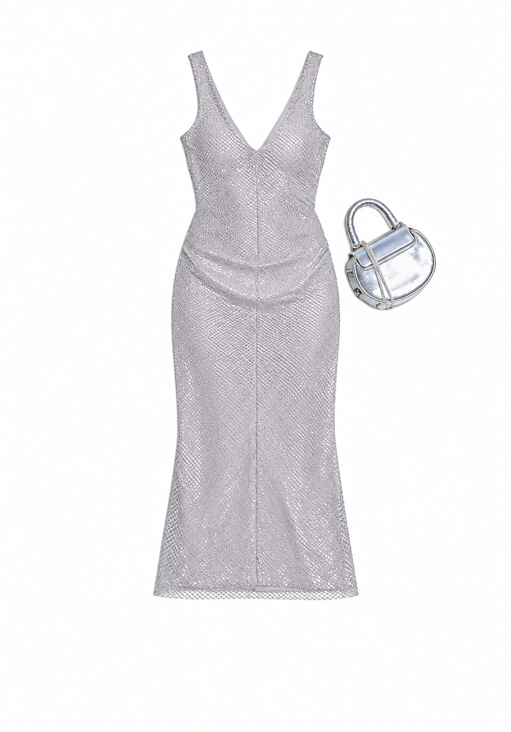 Silver V-neck midi dress