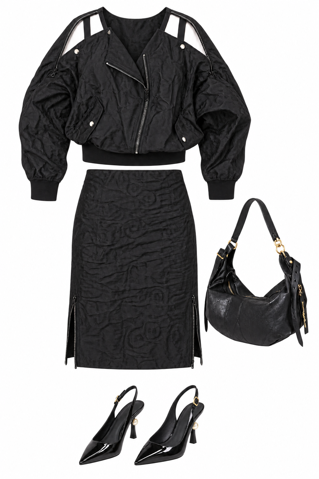 Black textured jacket and zip-detail skirt