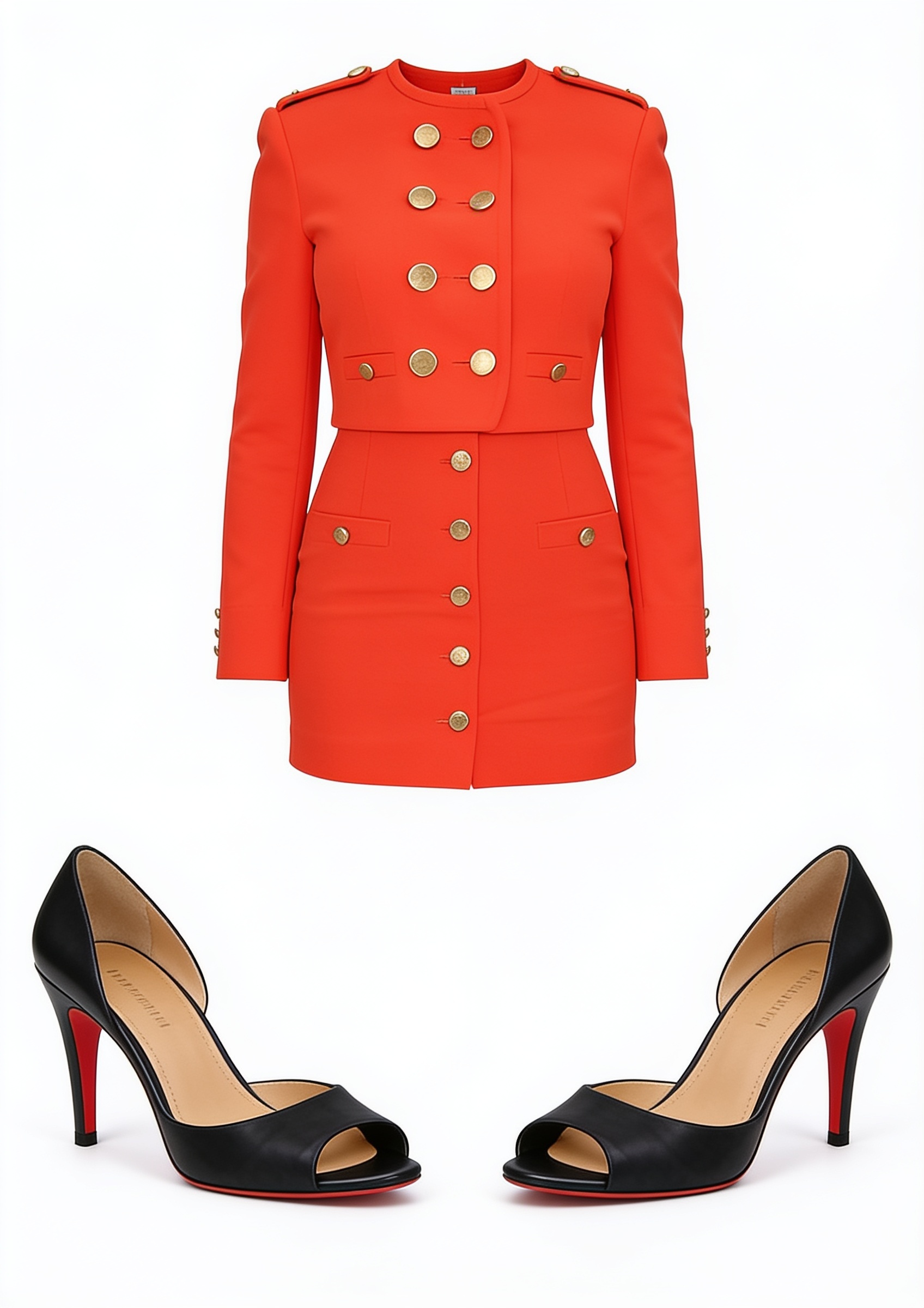 Orange long-sleeved mini dress and black pumps