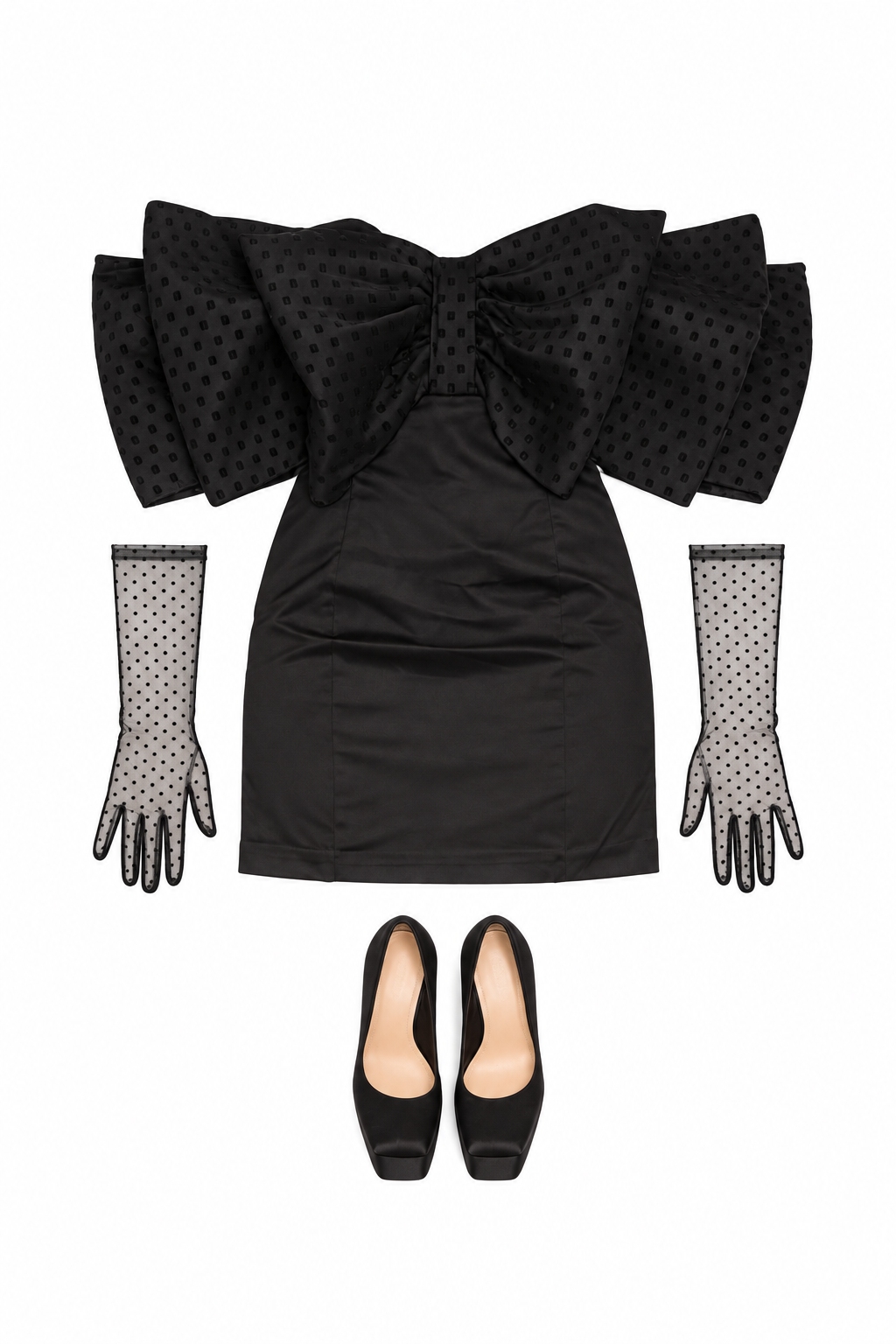Black oversized-bow mini dress and sheer gloves