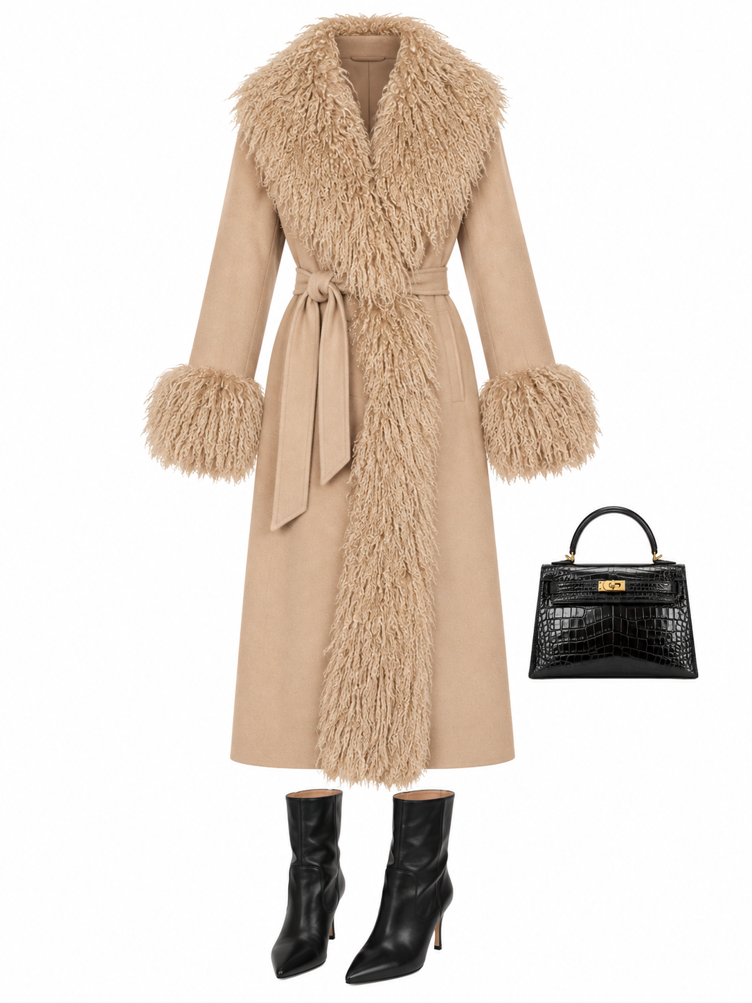 Camel shearling-trim coat and black boots
