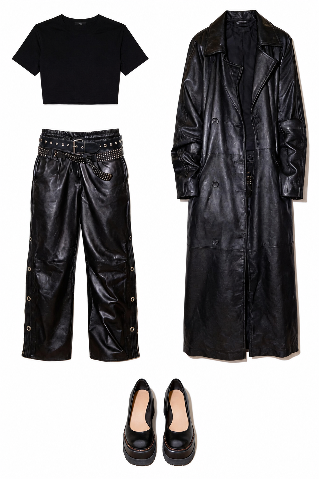 Black leather coat, cropped tee and leather trousers