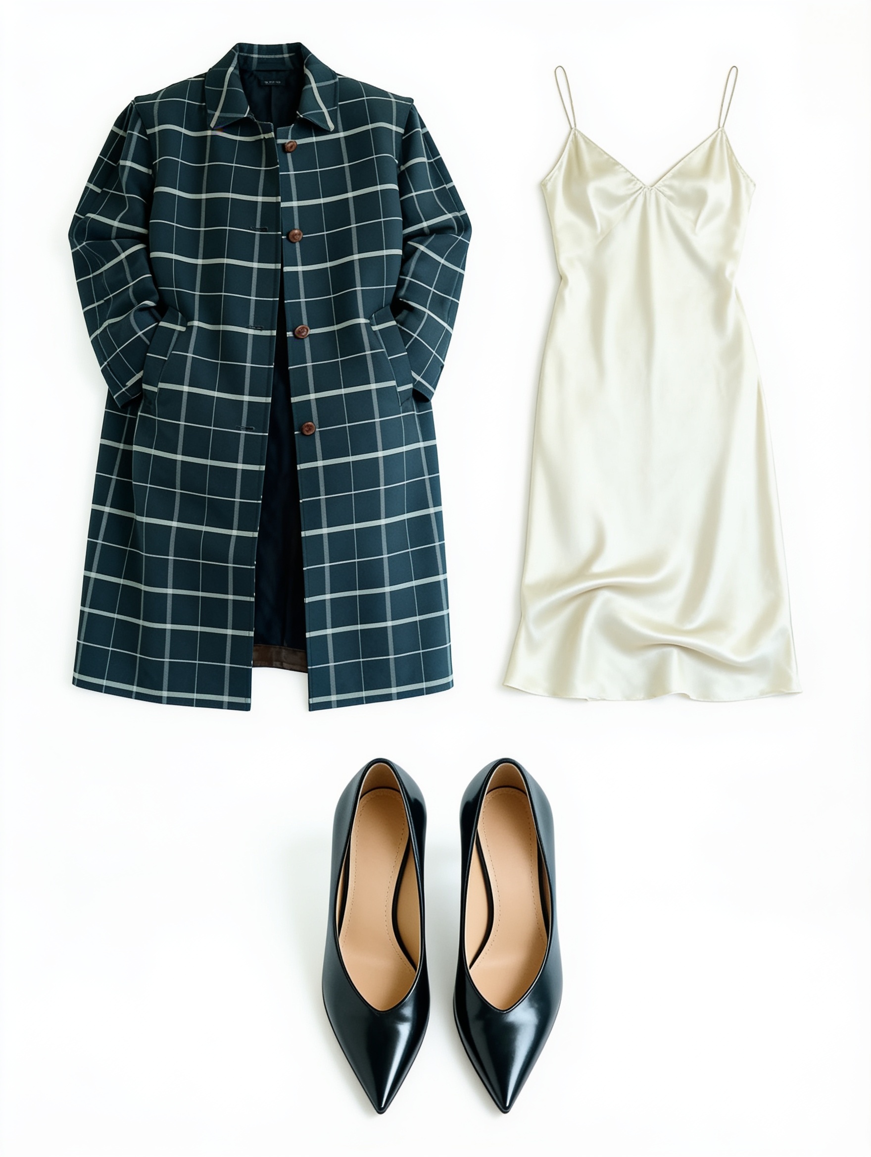 Dark checked coat and ivory slip dress