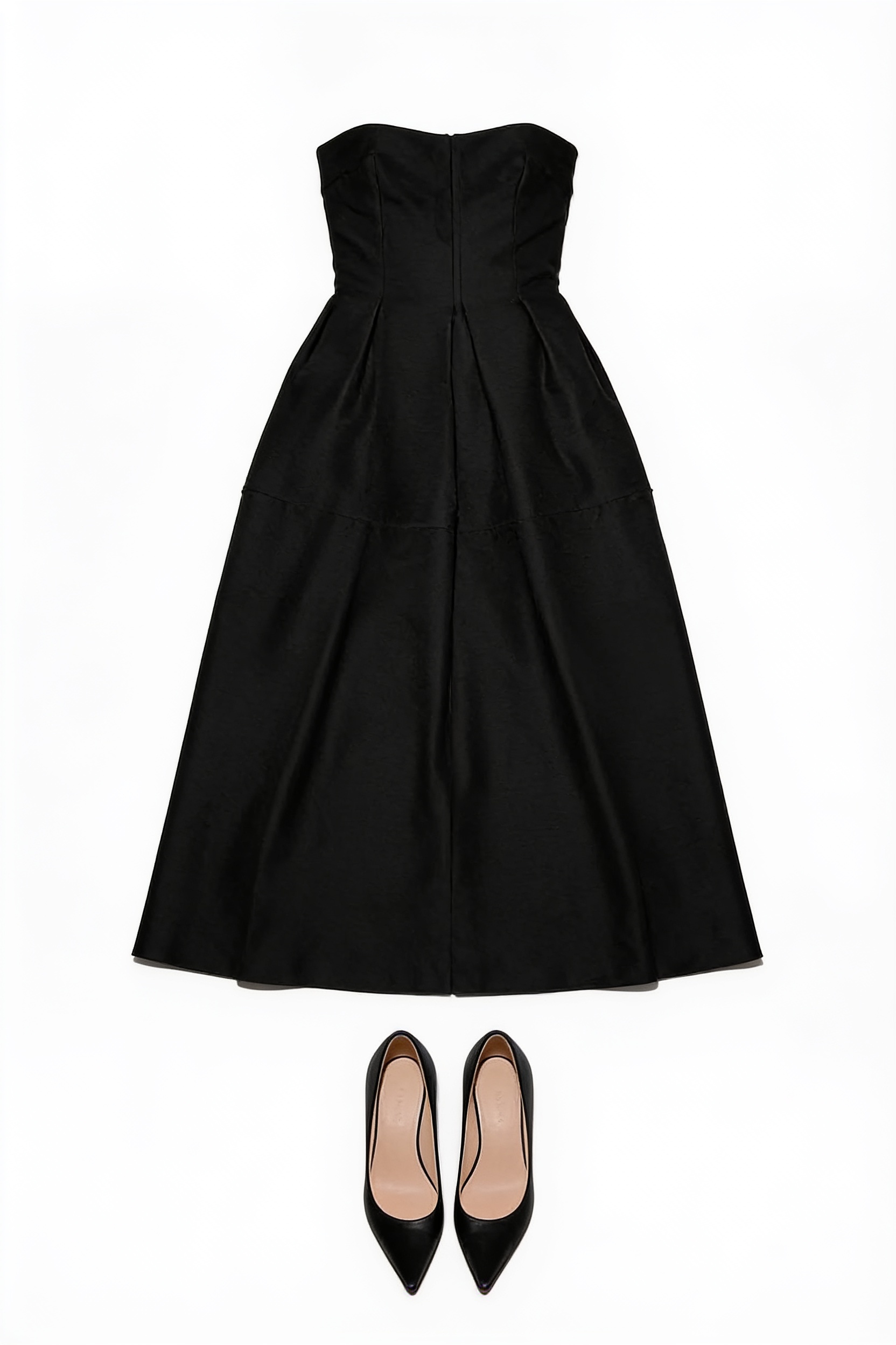 Black strapless midi dress and pointed pumps