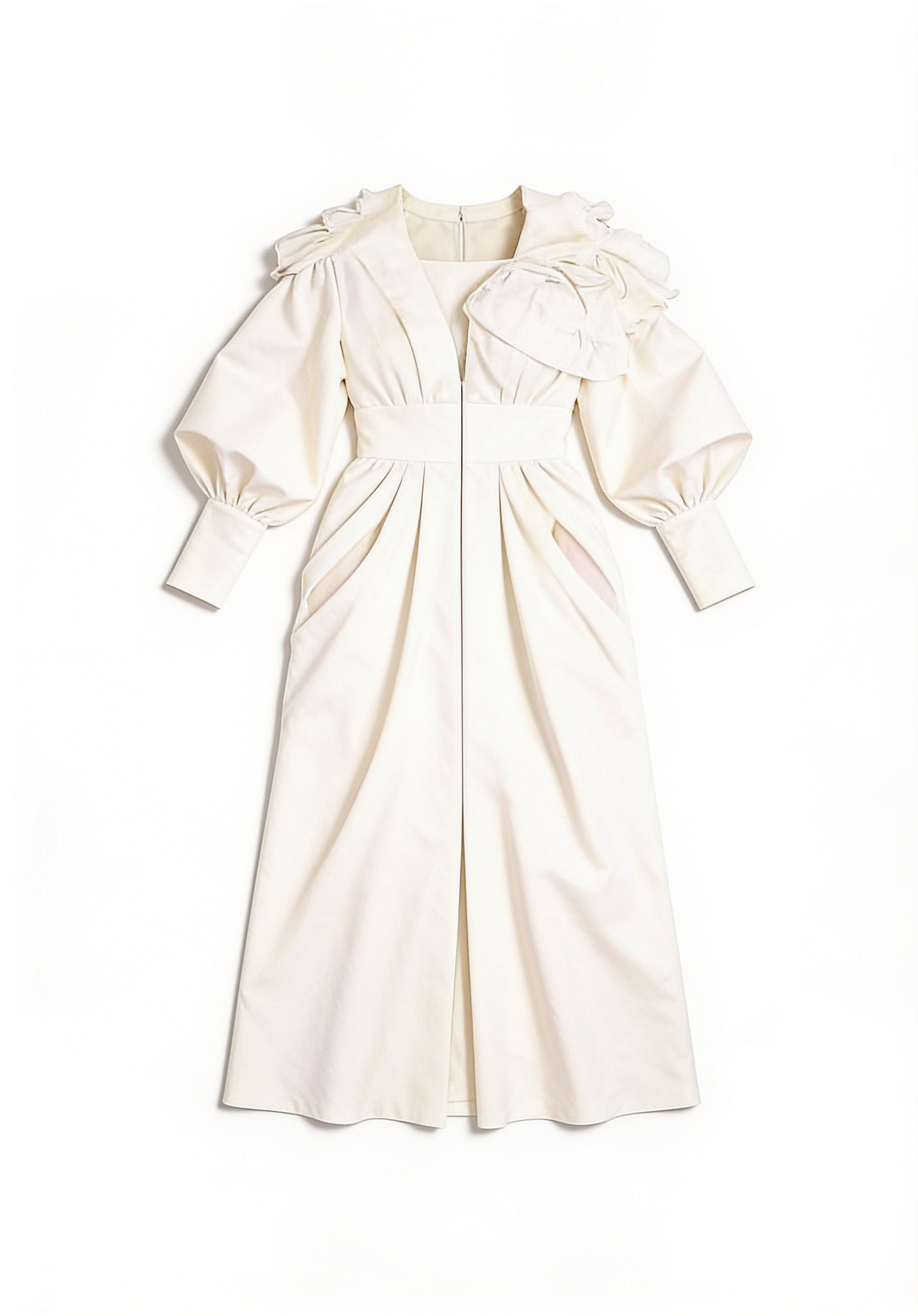 White ruffled cape gown