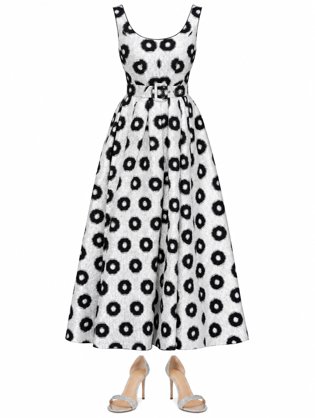 Ivory floral dress and silver sandals