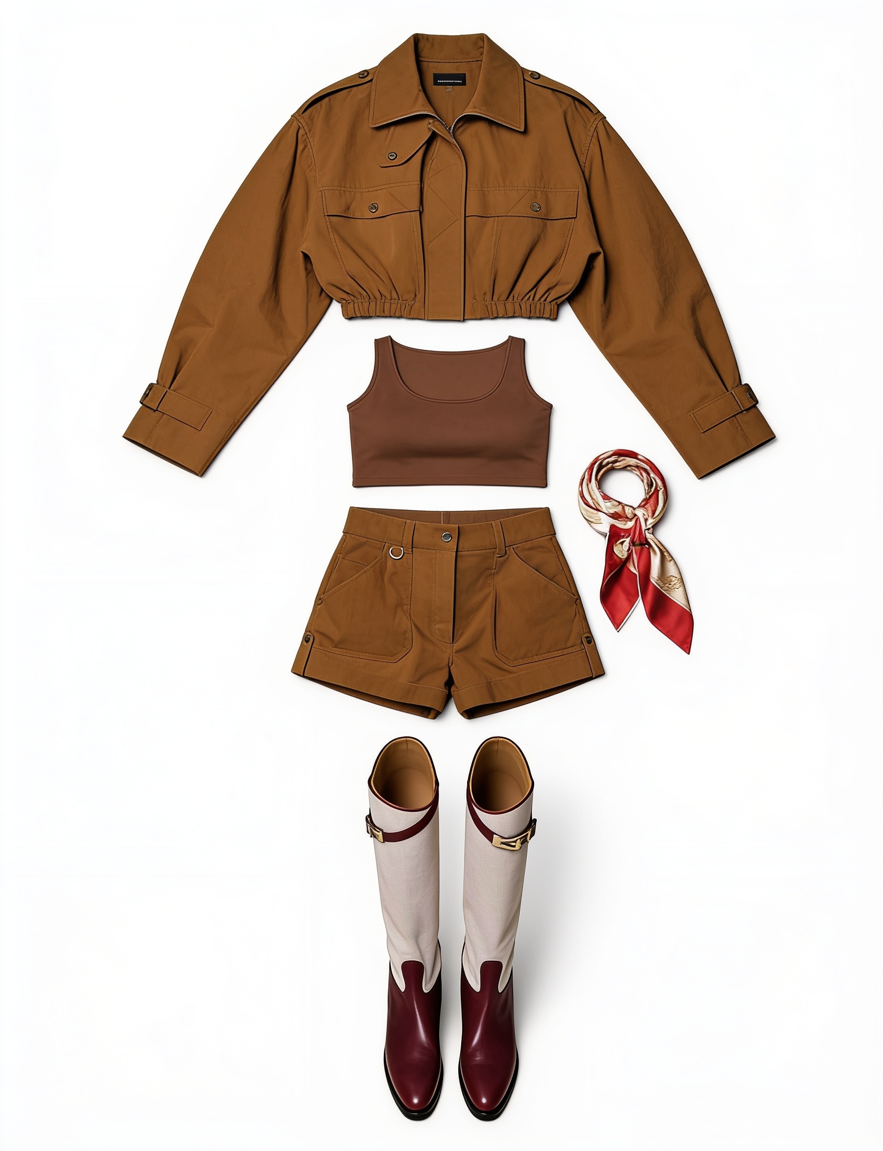 Brown cropped utility jacket and shorts